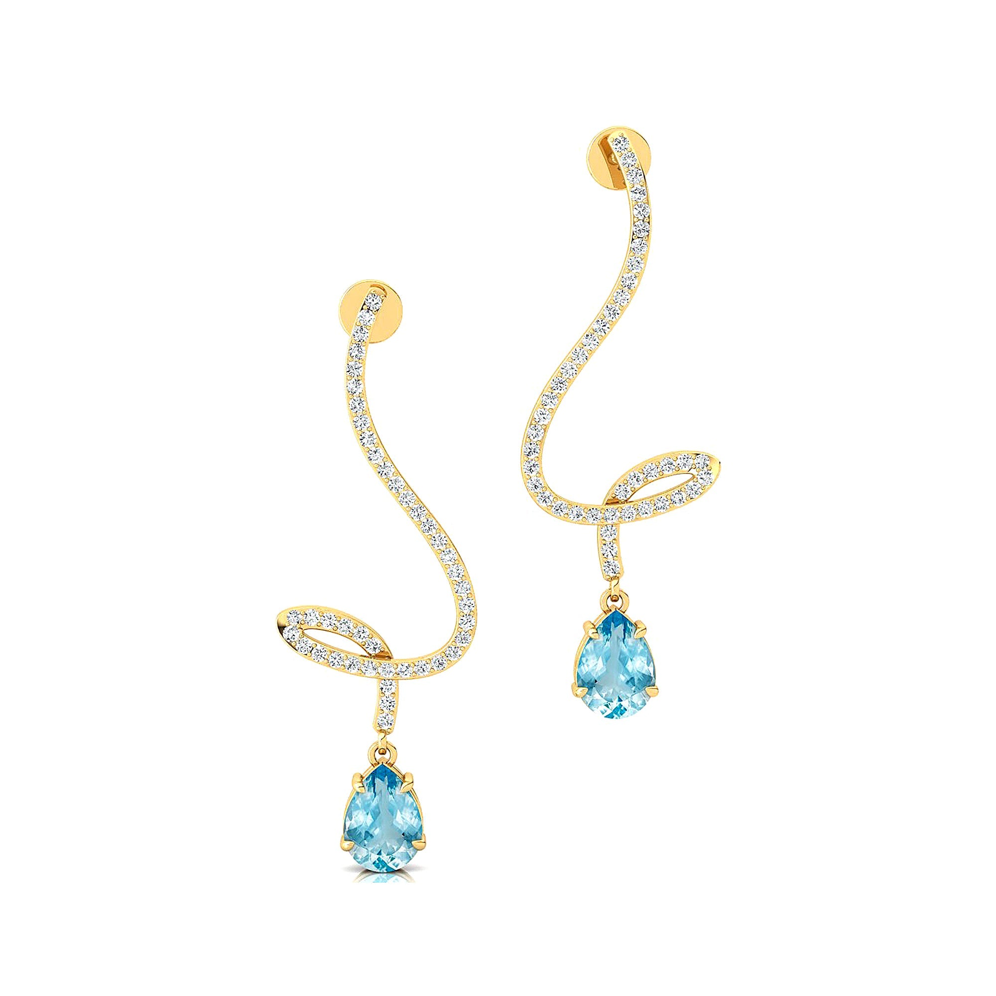 Elegant Spiral Teardrop Aquamarine Diamond Drop Earrings - GeumJewels