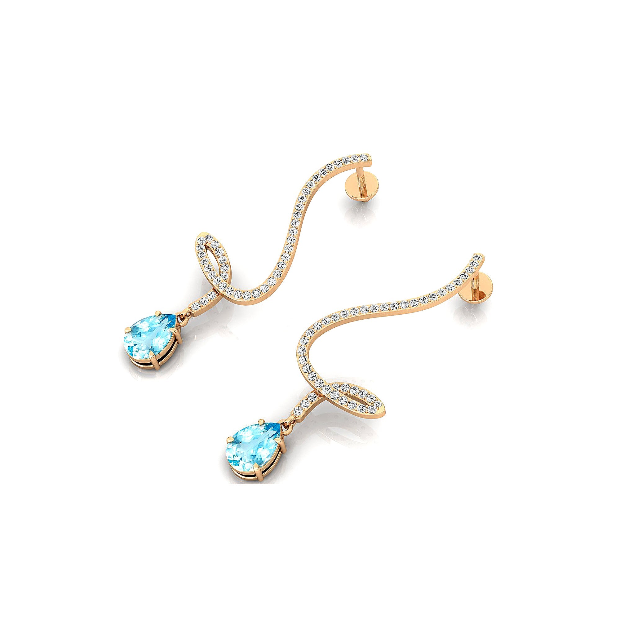 Elegant Spiral Teardrop Aquamarine Diamond Drop Earrings - GeumJewels