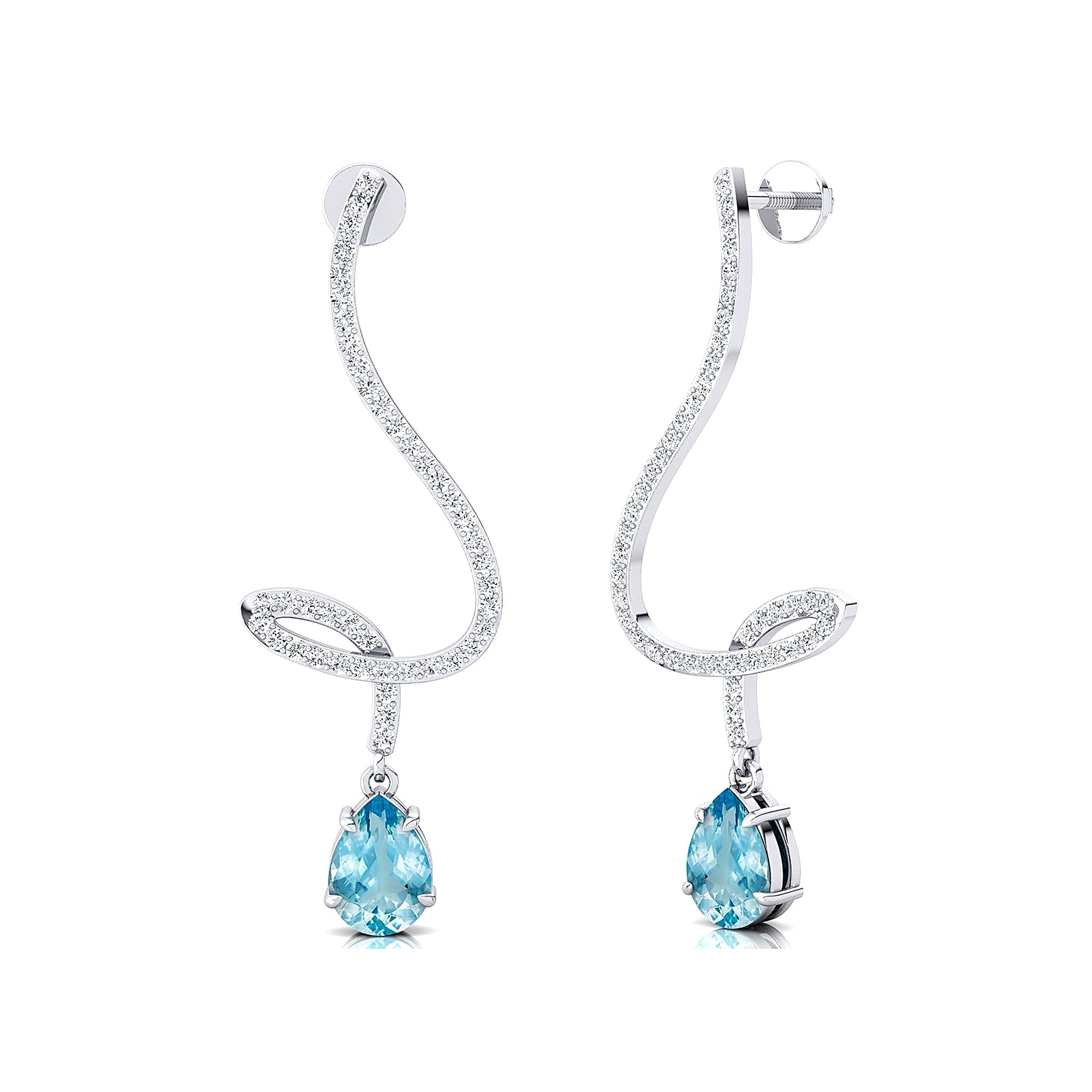 Elegant Spiral Teardrop Aquamarine Diamond Drop Earrings - GeumJewels