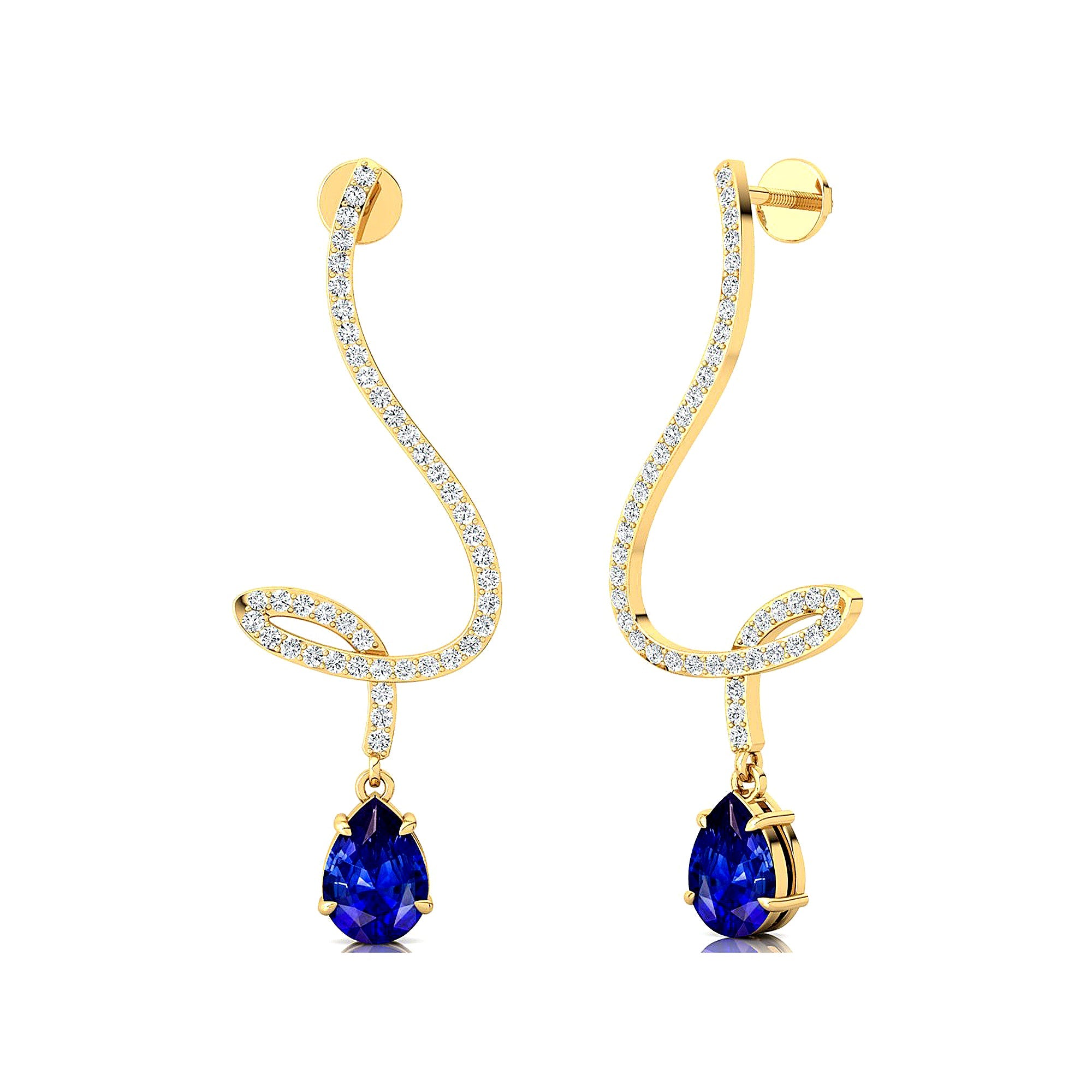 Elegant Spiral Teardrop Blue Sapphire Diamond Drop Earrings - GeumJewels