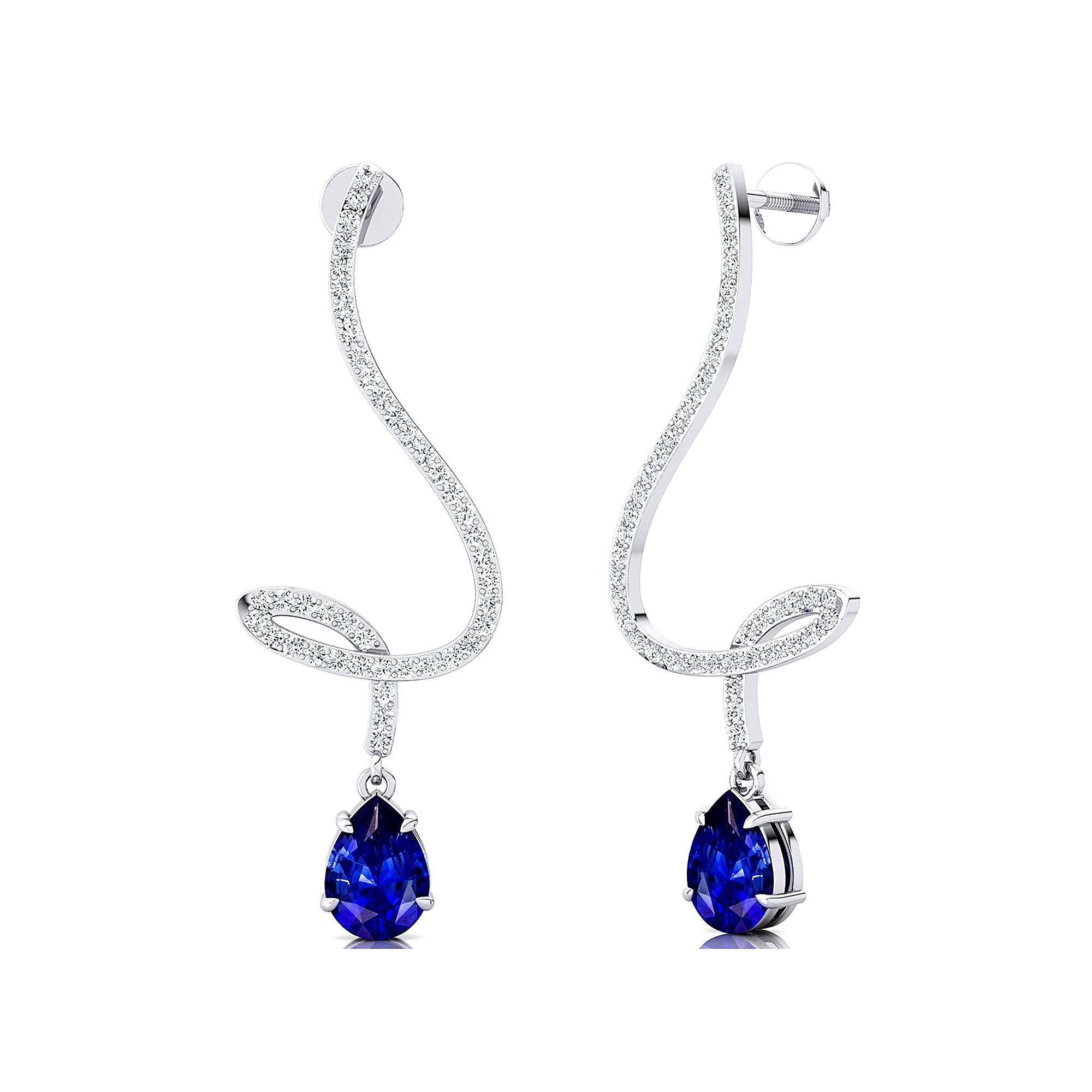 Elegant Spiral Teardrop Blue Sapphire Diamond Drop Earrings - GeumJewels
