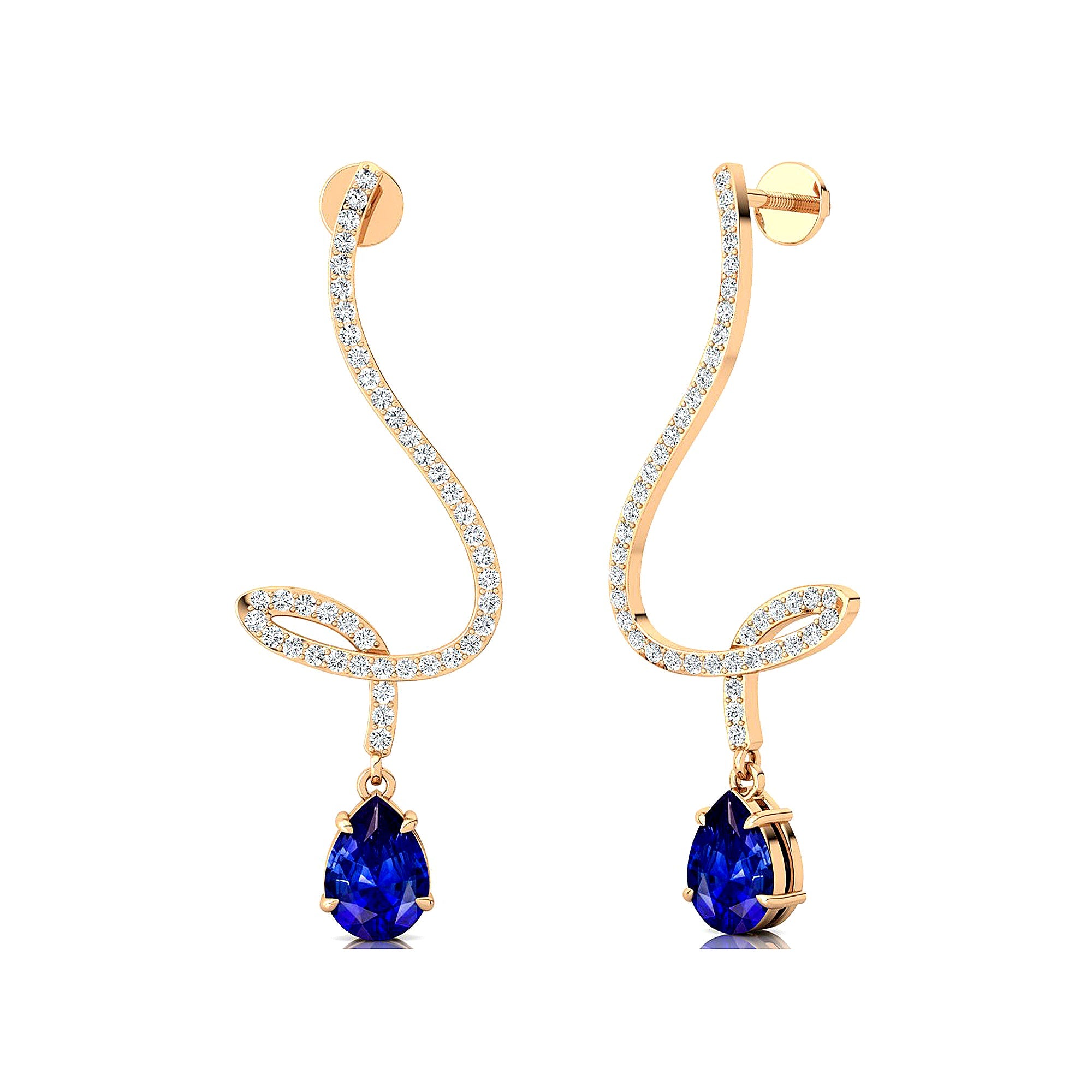 Elegant Spiral Teardrop Blue Sapphire Diamond Drop Earrings - GeumJewels
