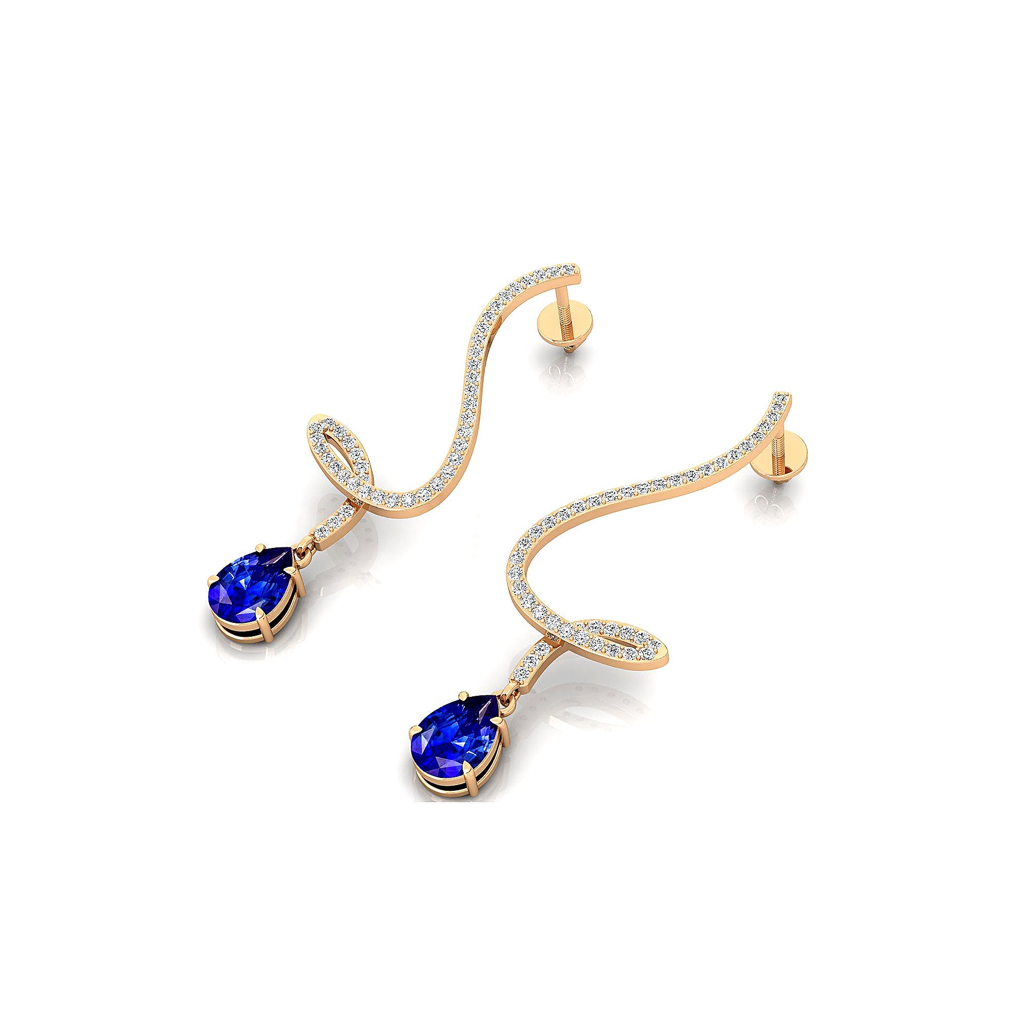 Elegant Spiral Teardrop Blue Sapphire Diamond Drop Earrings - GeumJewels