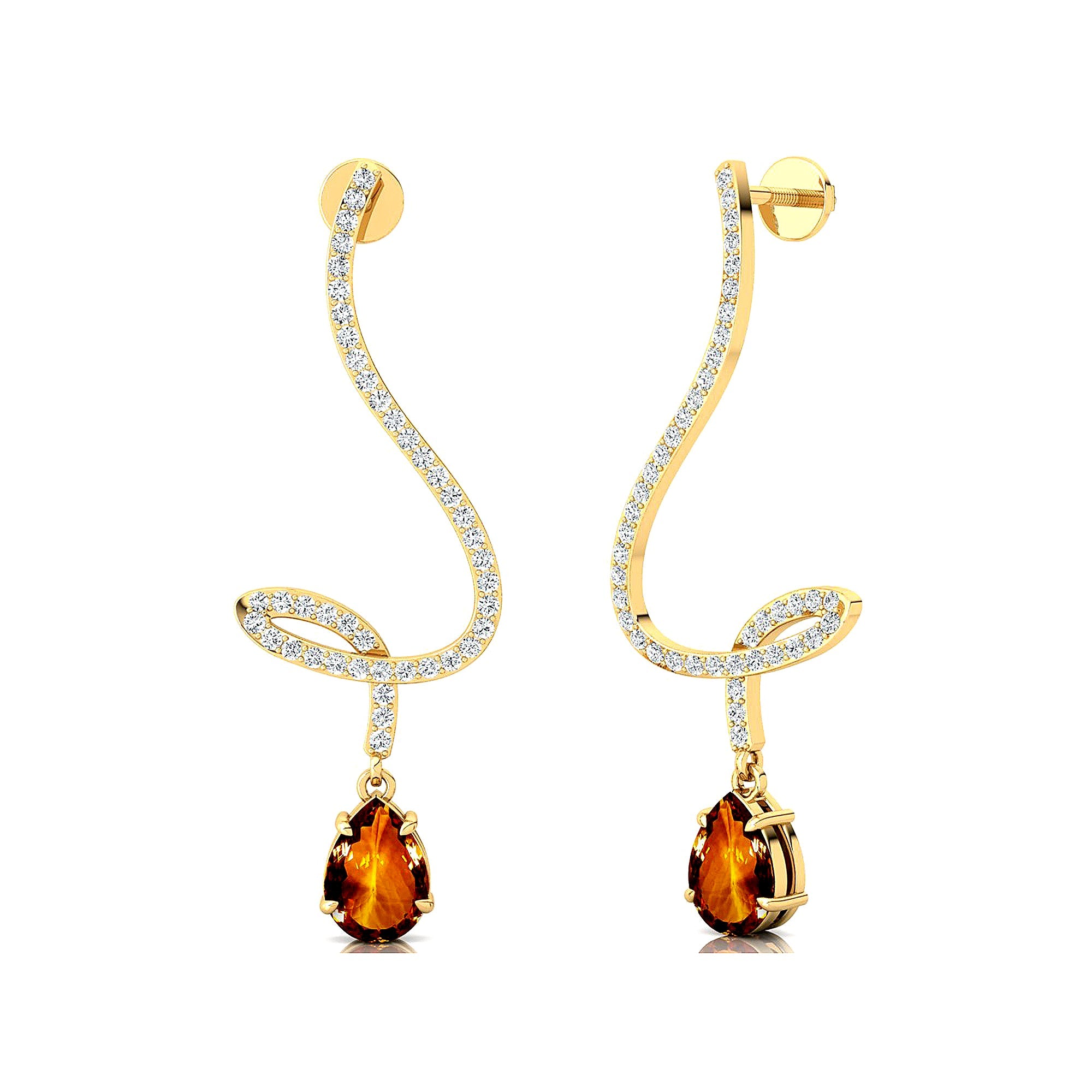 Elegant Spiral Teardrop Citrine Diamond Drop Earrings - GeumJewels