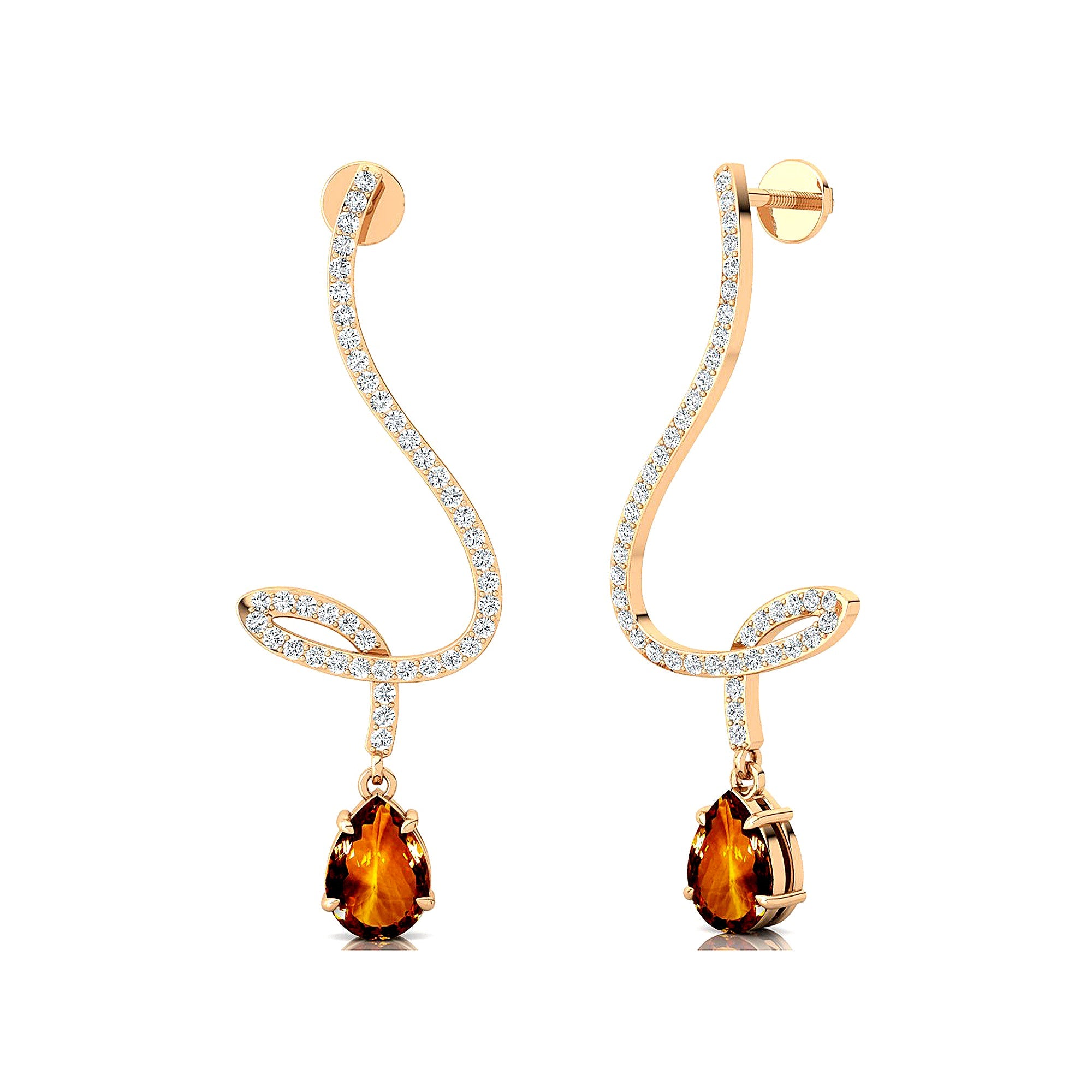 Elegant Spiral Teardrop Citrine Diamond Drop Earrings - GeumJewels