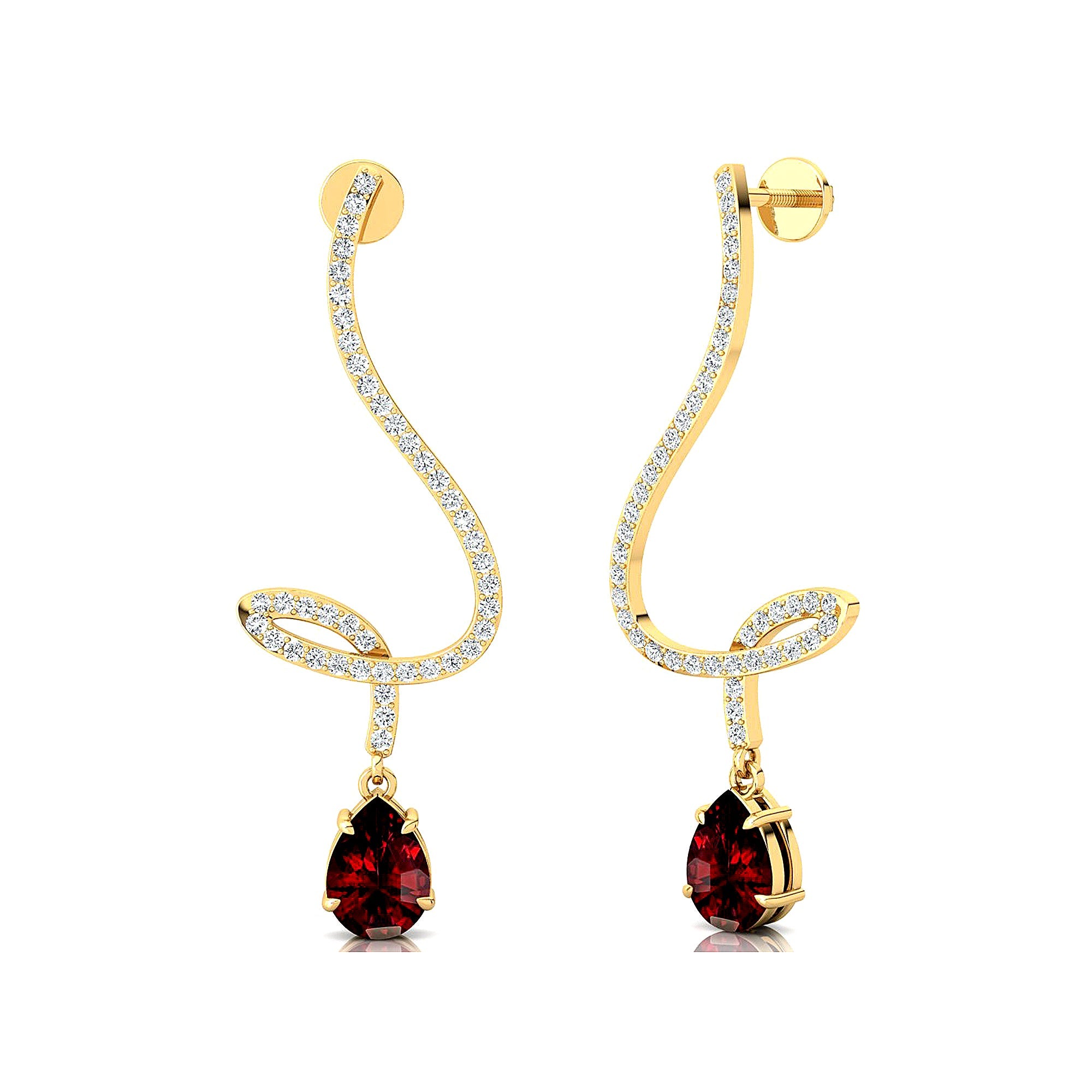 Elegant Spiral Teardrop Garnet Diamond Drop Earrings - GeumJewels