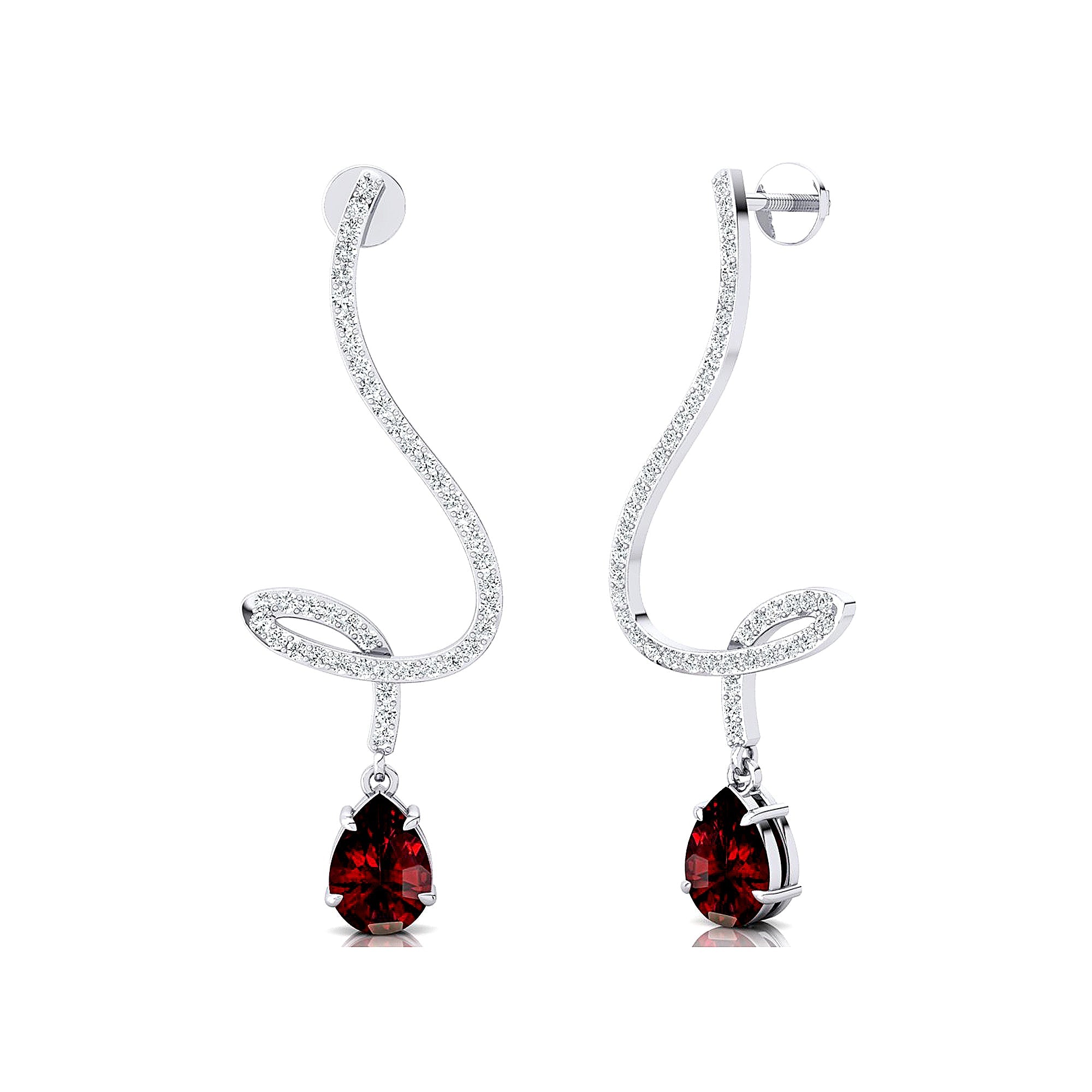Elegant Spiral Teardrop Garnet Diamond Drop Earrings - GeumJewels
