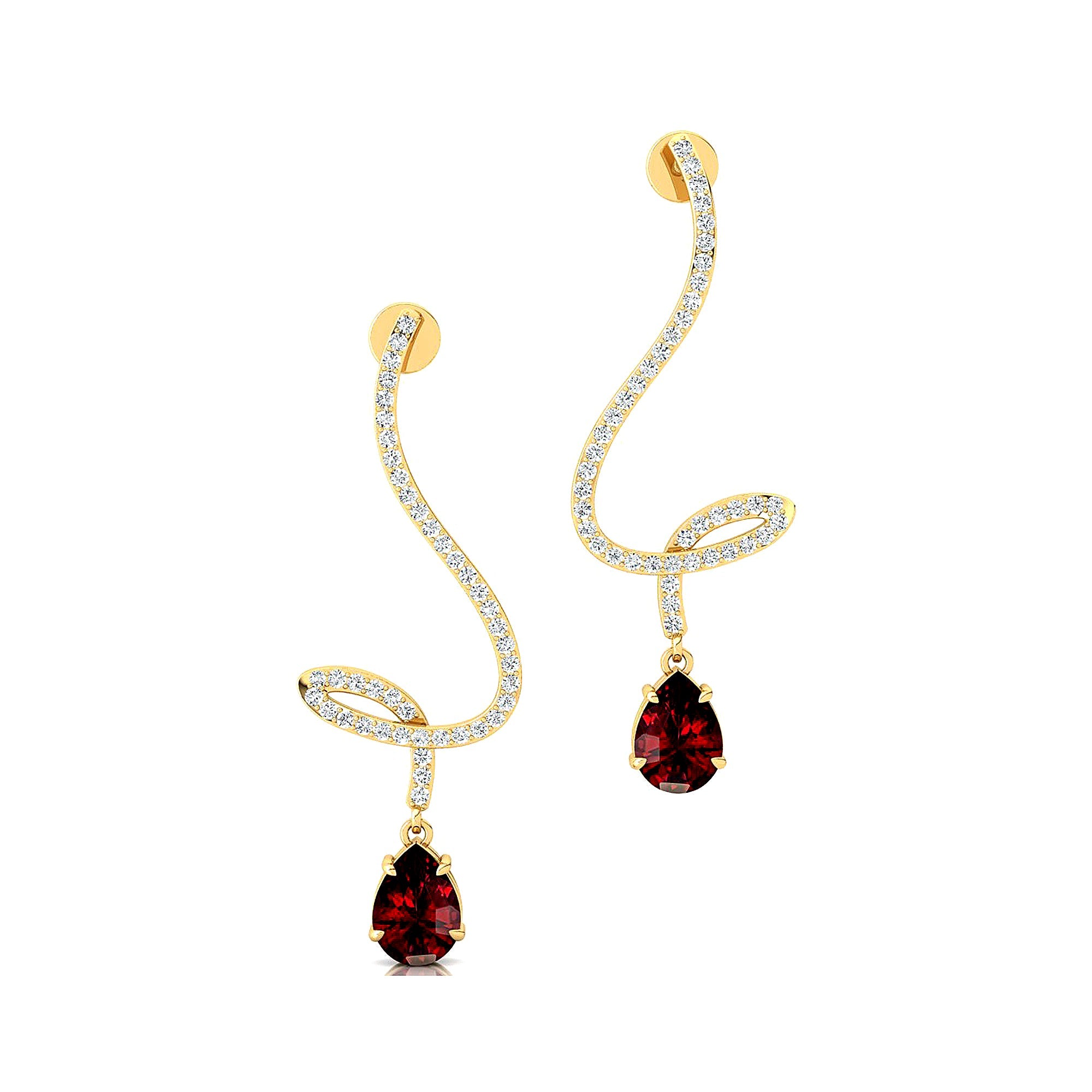 Elegant Spiral Teardrop Garnet Diamond Drop Earrings - GeumJewels