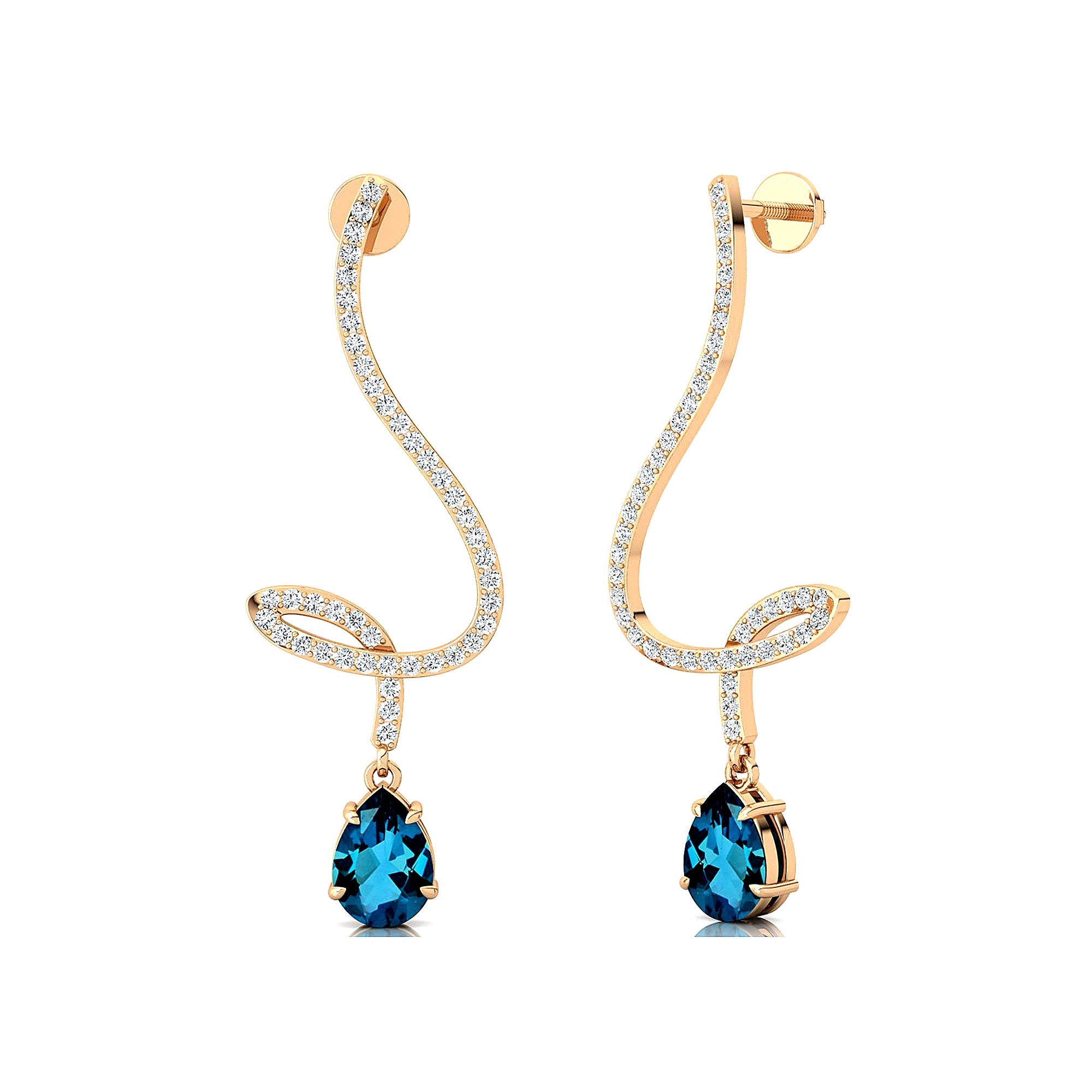 Elegant Spiral Teardrop London Blue Topaz Diamond Drop Earrings - GeumJewels