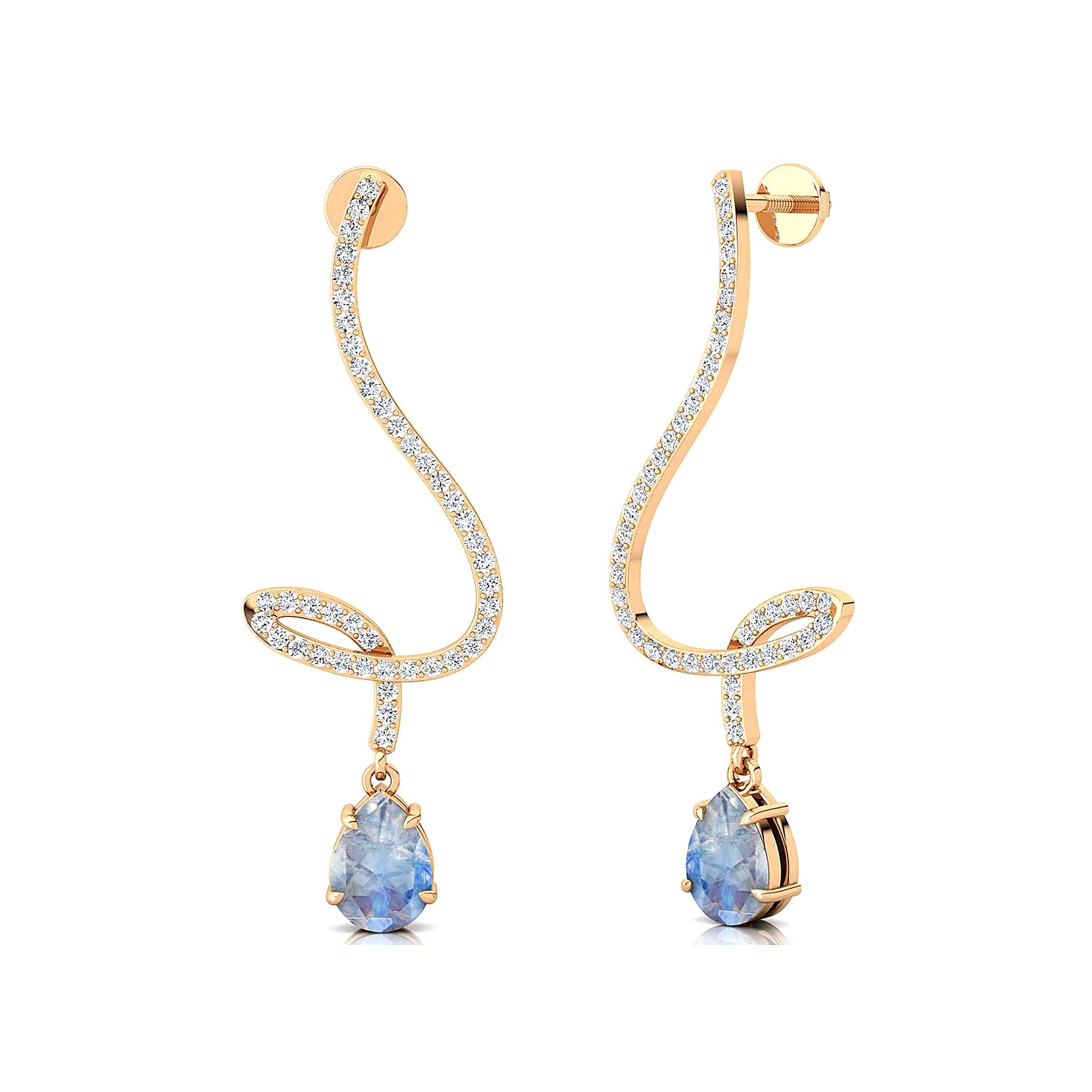 Elegant Spiral Teardrop Moonstone Diamond Drop Earrings - GeumJewels