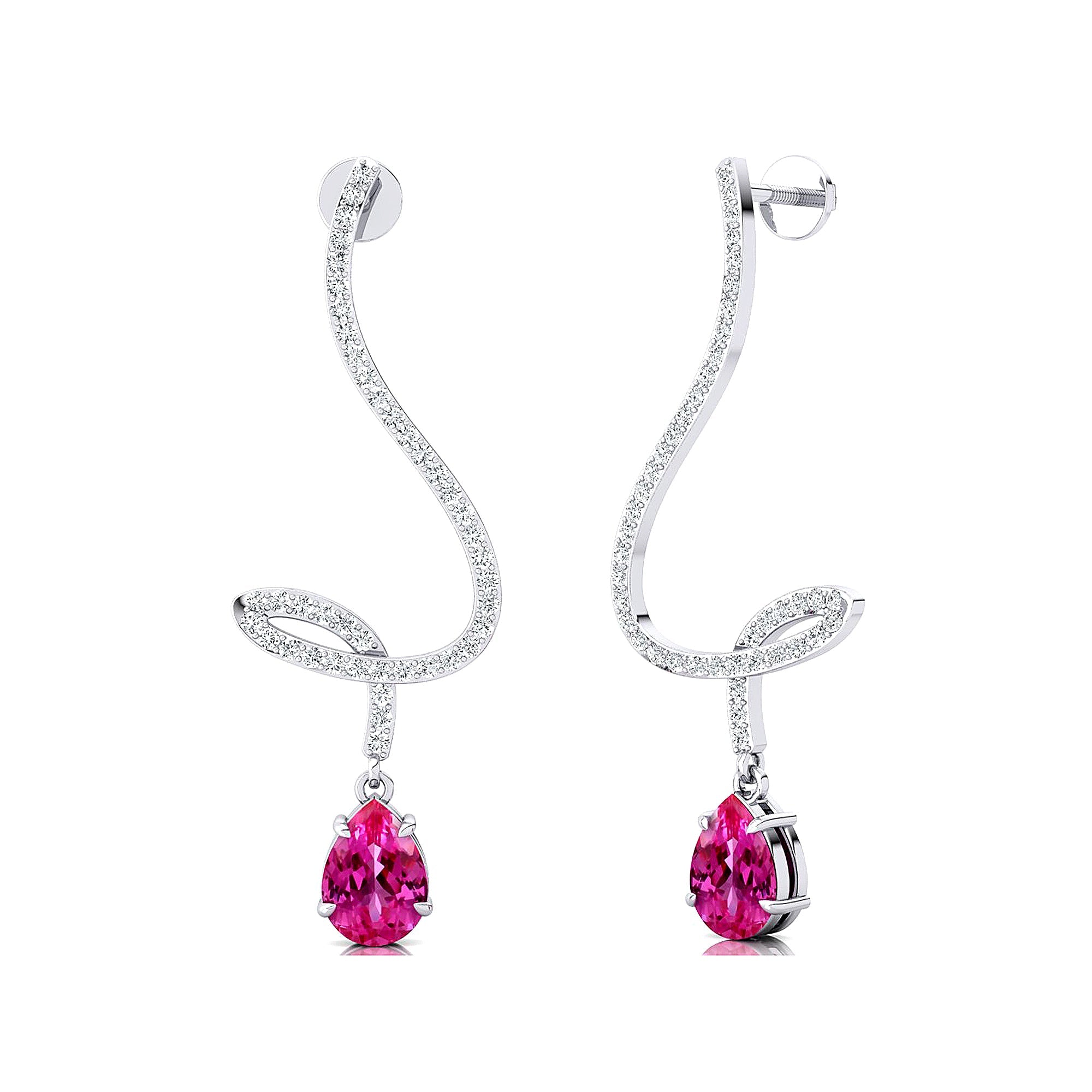 Elegant Spiral Teardrop Pink Sapphire Diamond Drop Earrings - GeumJewels