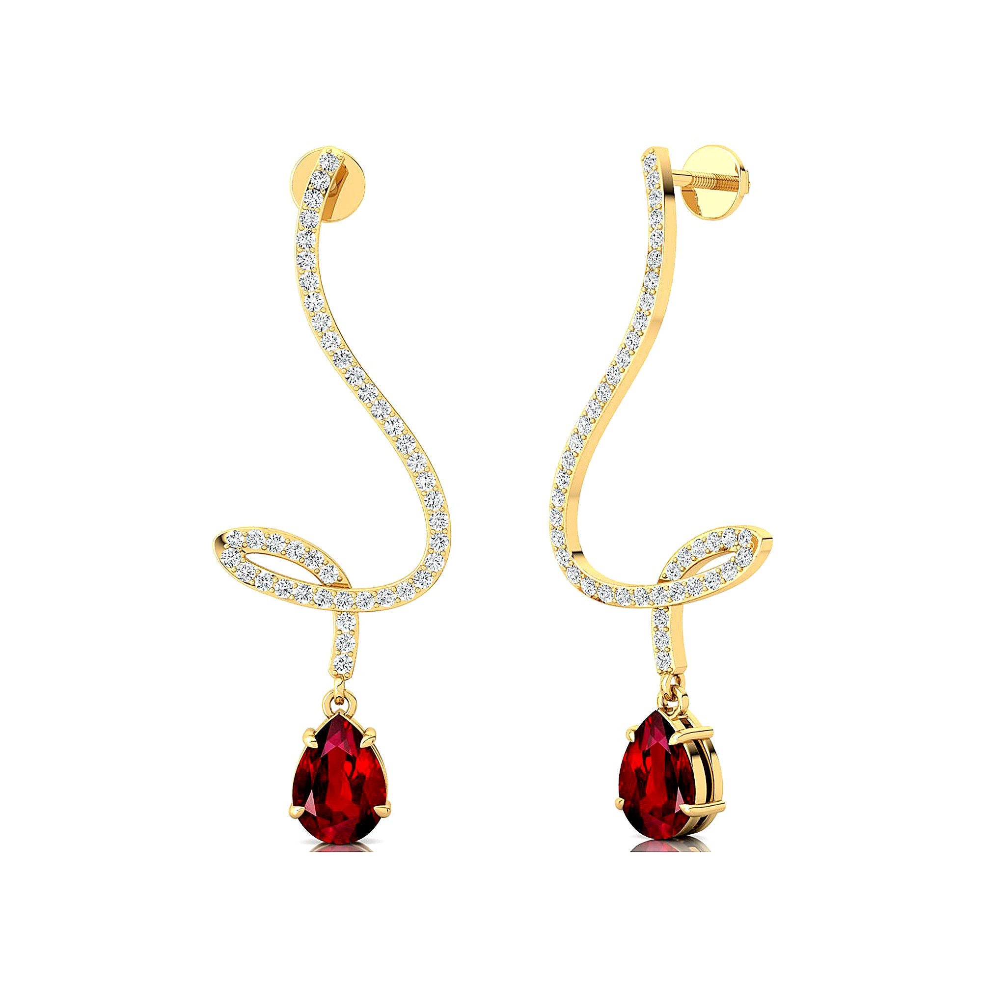 Elegant Spiral Teardrop Ruby Diamond Drop Earrings - GeumJewels