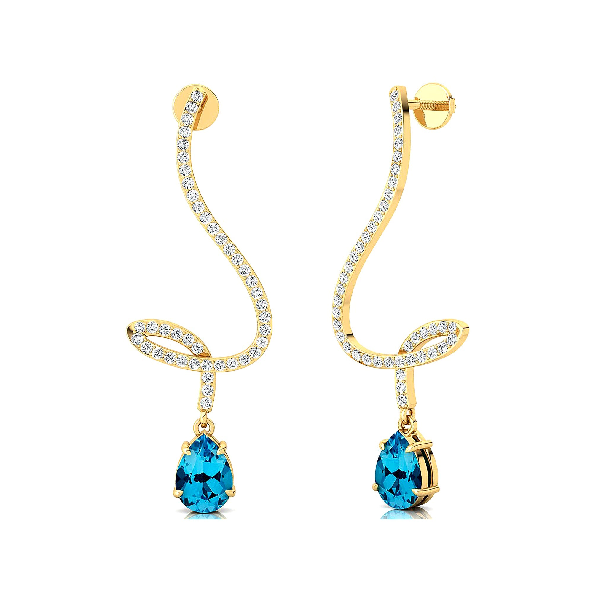 Elegant Spiral Teardrop Swiss Blue Topaz Diamond Drop Earrings - GeumJewels