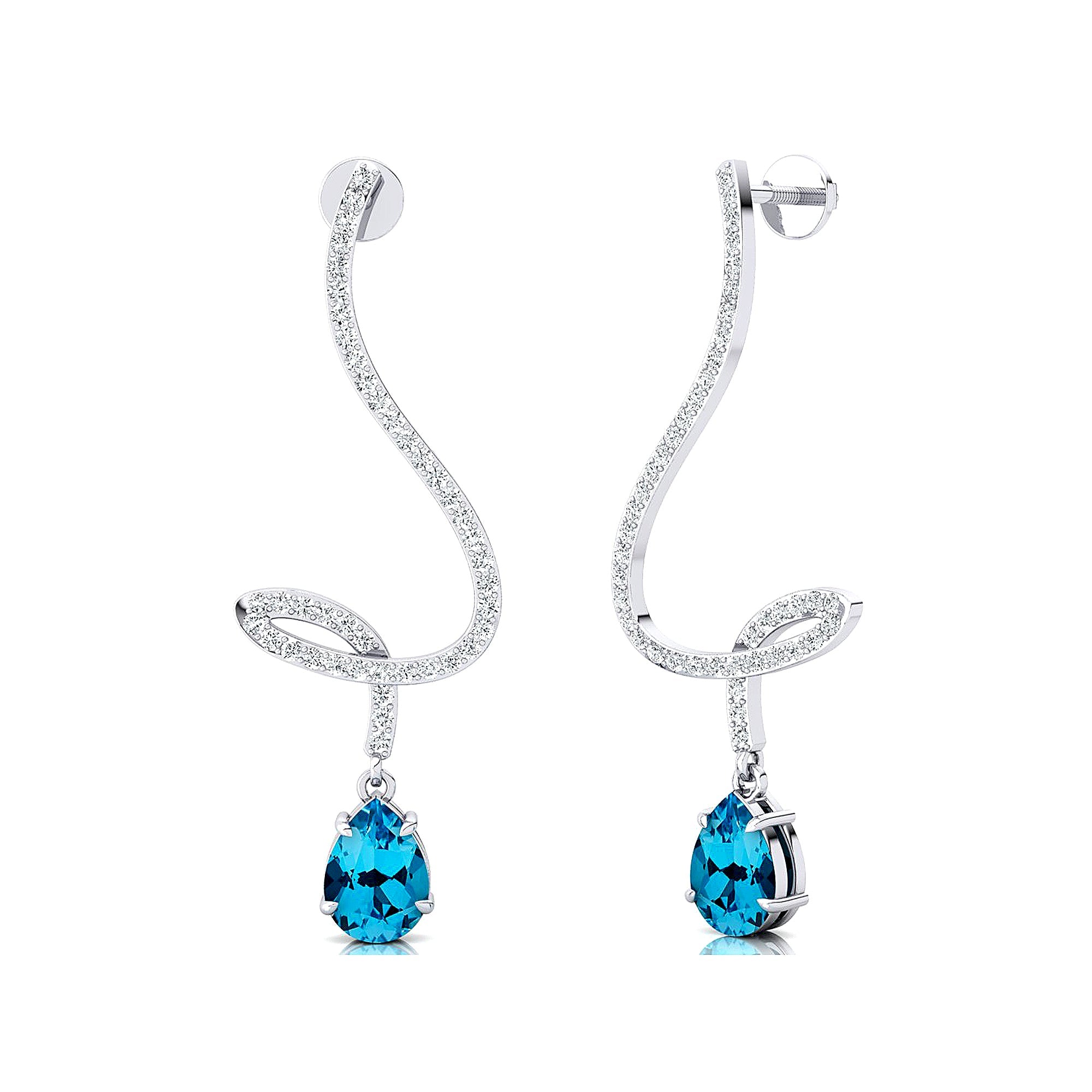 Elegant Spiral Teardrop Swiss Blue Topaz Diamond Drop Earrings - GeumJewels