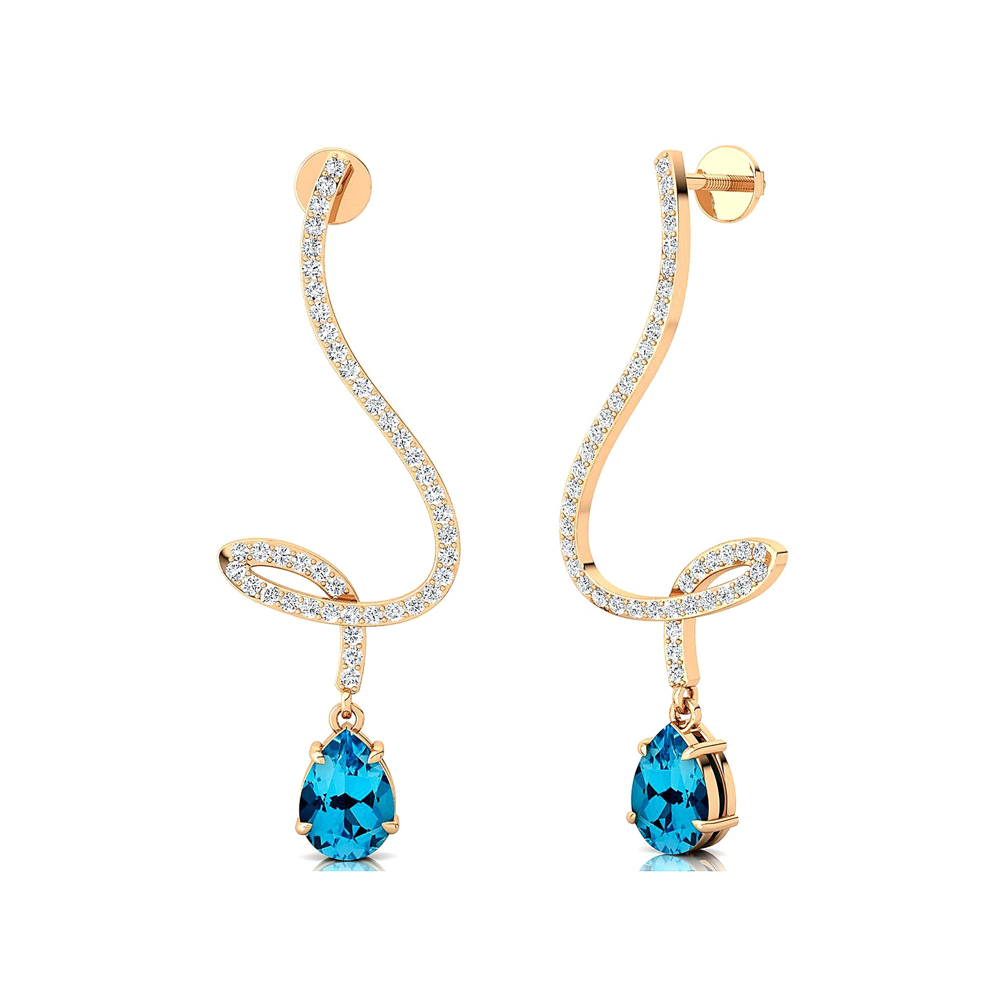 Elegant Spiral Teardrop Swiss Blue Topaz Diamond Drop Earrings - GeumJewels
