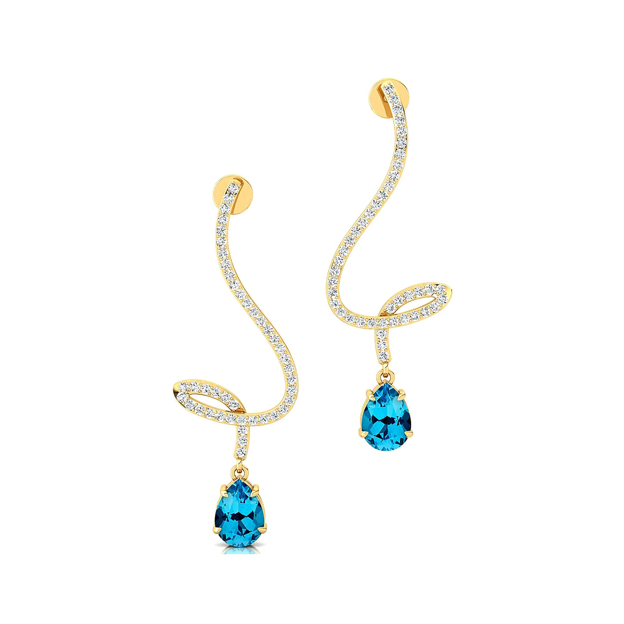 Elegant Spiral Teardrop Swiss Blue Topaz Diamond Drop Earrings - GeumJewels