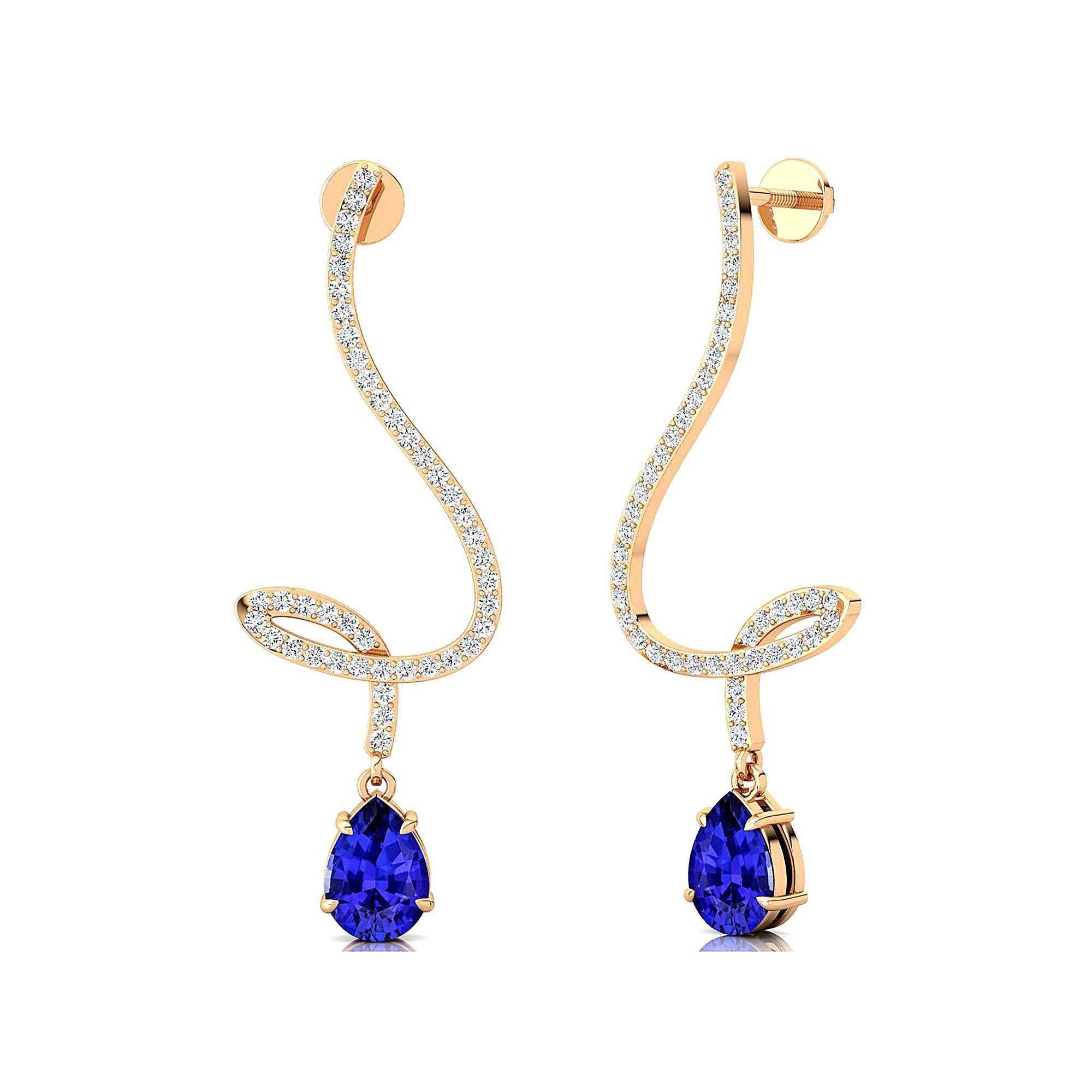 Elegant Spiral Teardrop Tanzanite Diamond Drop Earrings - GeumJewels