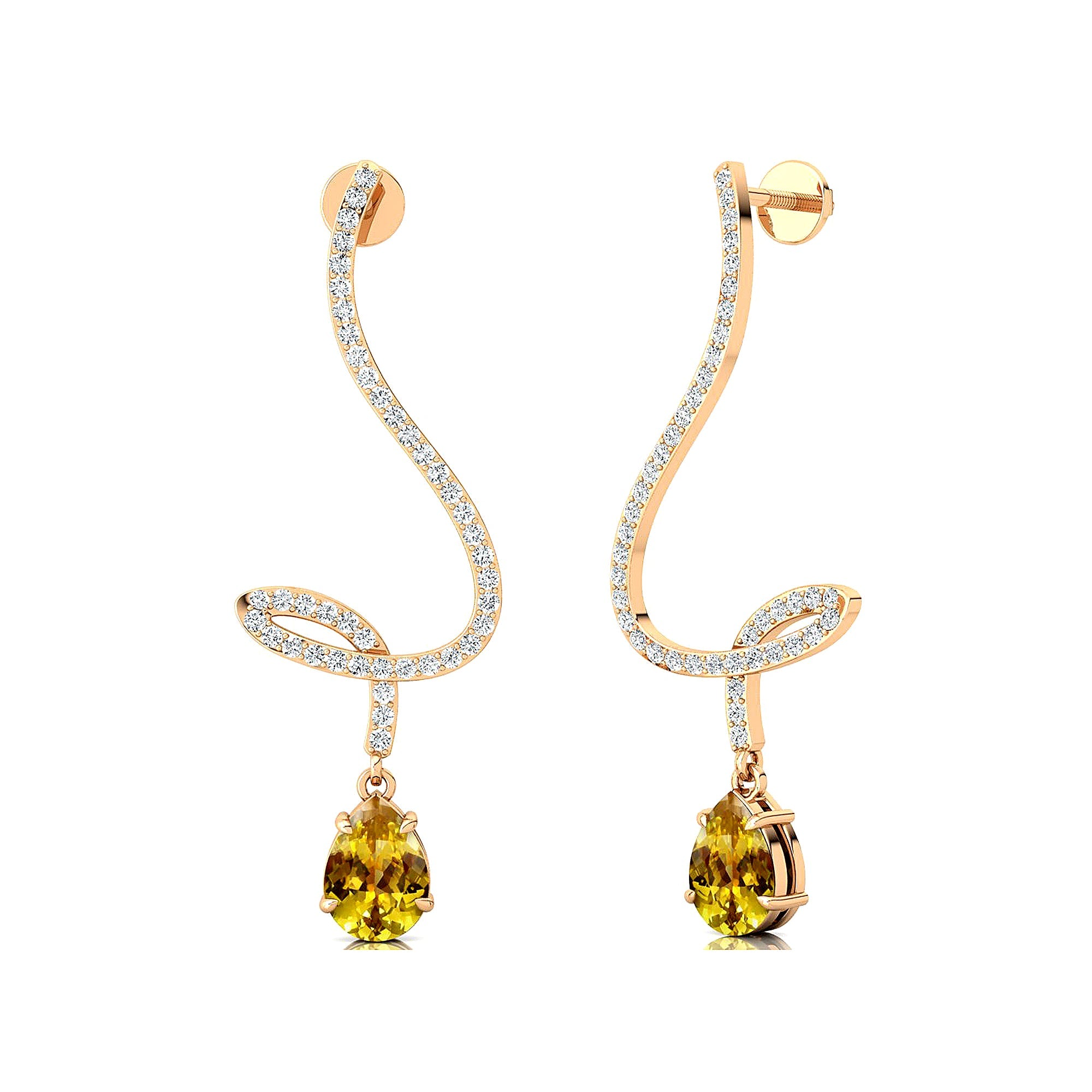 Elegant Spiral Teardrop Yellow Sapphire Diamond Drop Earrings - GeumJewels