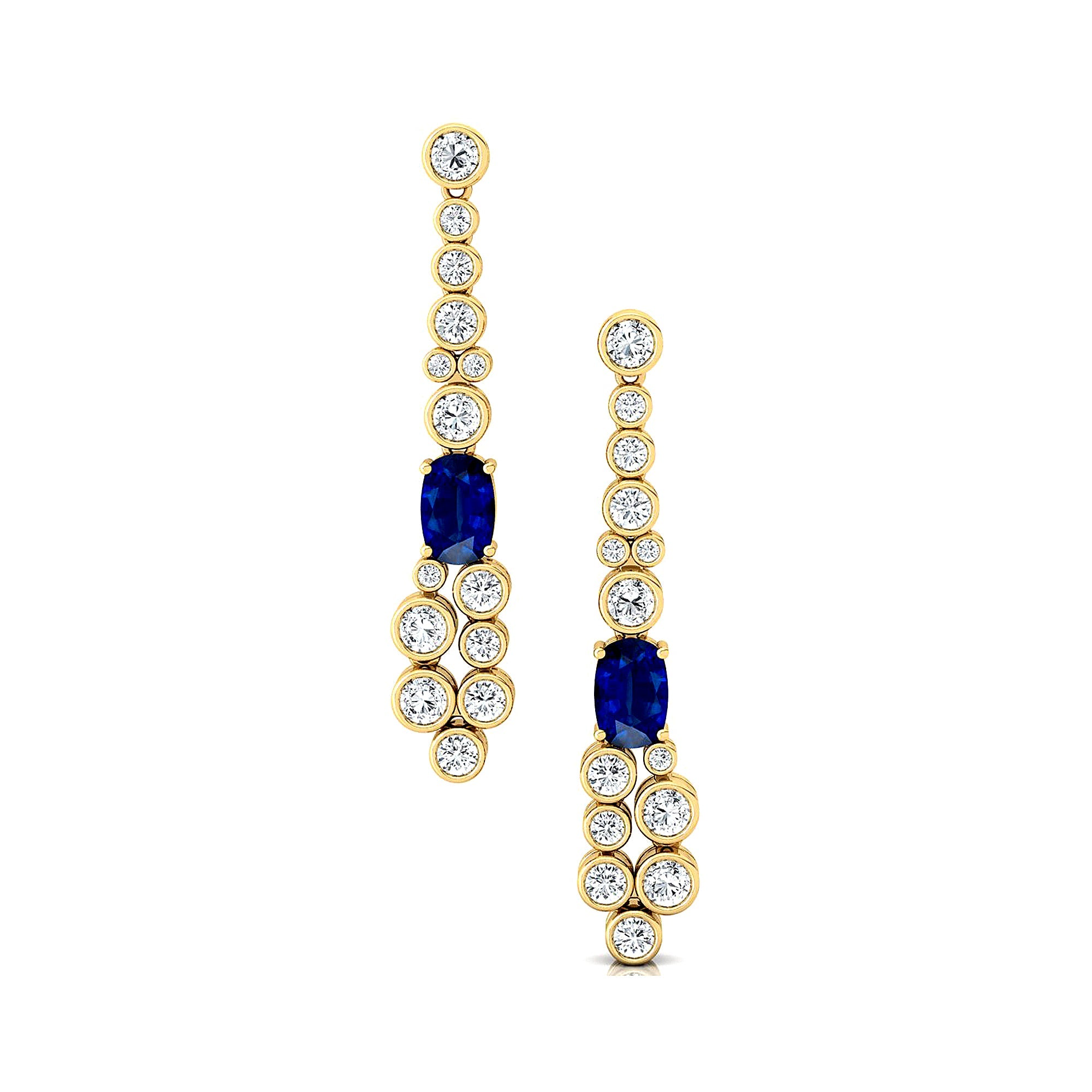 Elongated Cushion Blue Sapphire Bezel Set Diamond Drop Earrings - GeumJewels