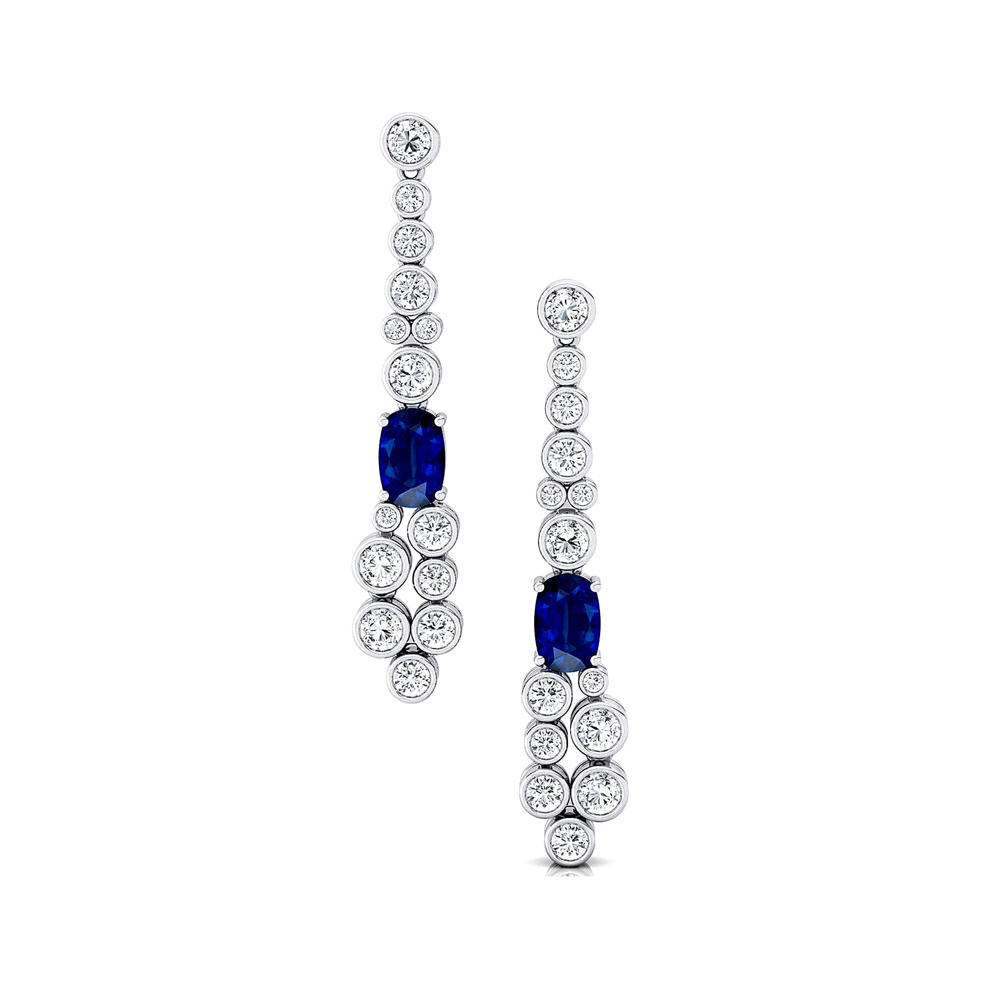 Elongated Cushion Blue Sapphire Bezel Set Diamond Drop Earrings - GeumJewels