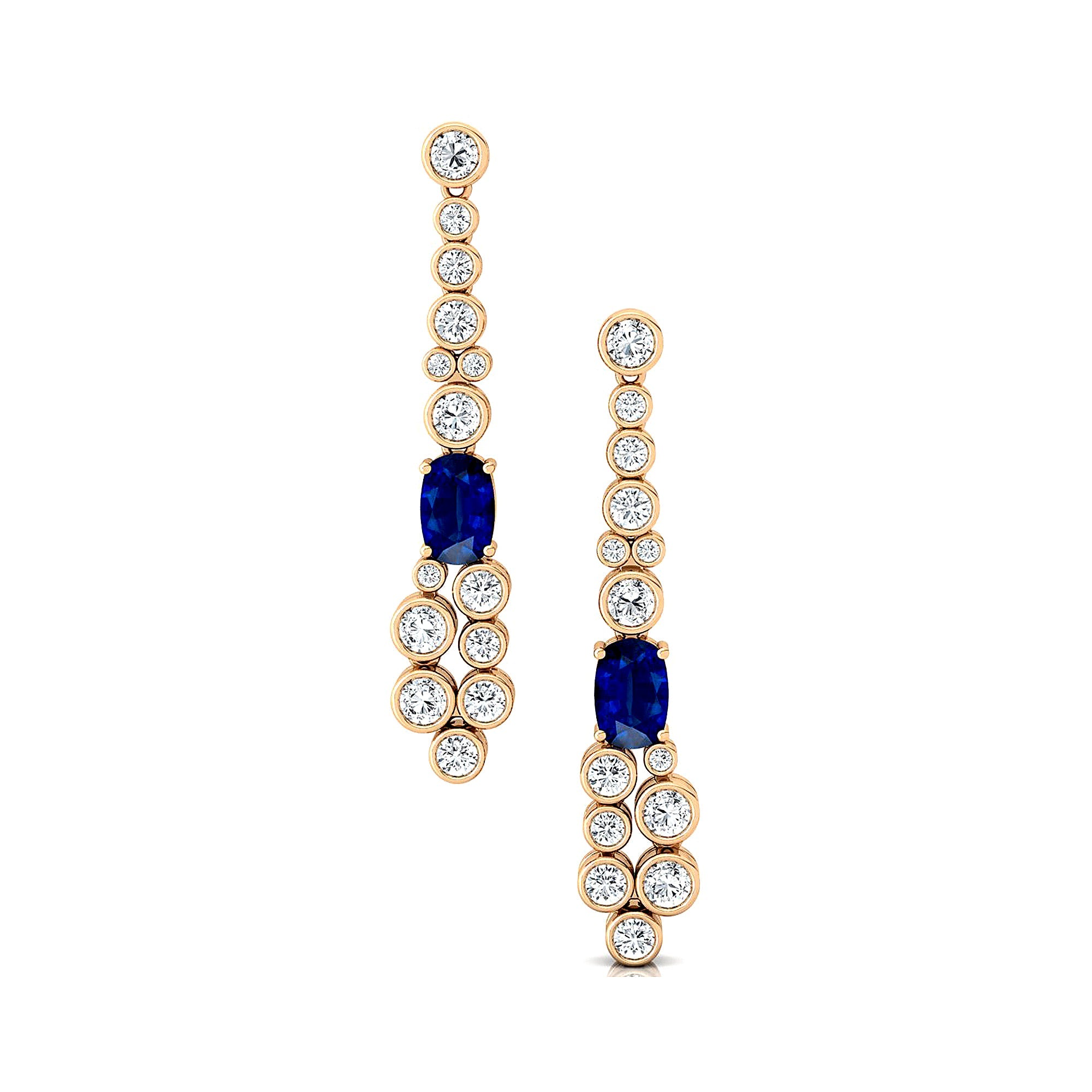 Elongated Cushion Blue Sapphire Bezel Set Diamond Drop Earrings - GeumJewels