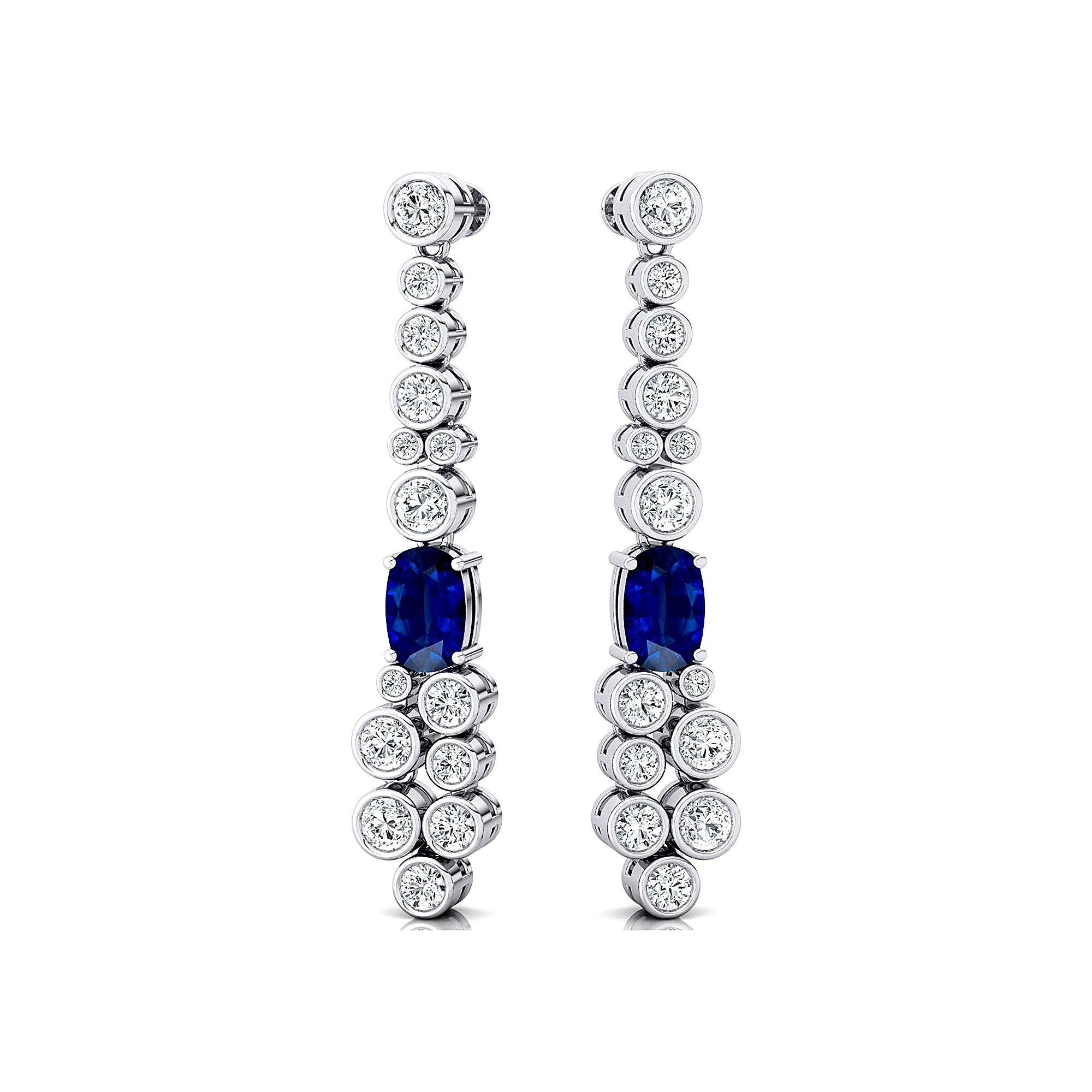 Elongated Cushion Blue Sapphire Bezel Set Diamond Drop Earrings - GeumJewels