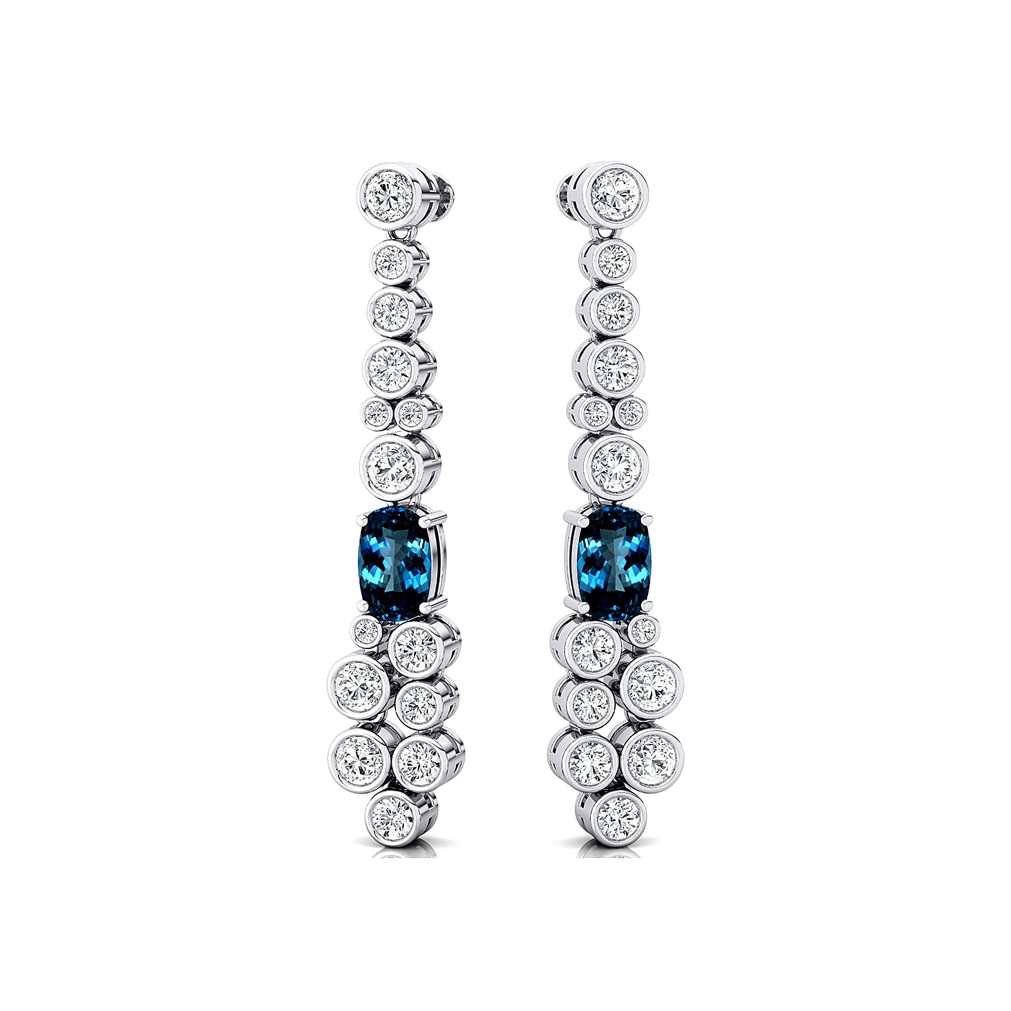Elongated Cushion London Blue Topaz Bezel Set Diamond Drop Earrings - GeumJewels