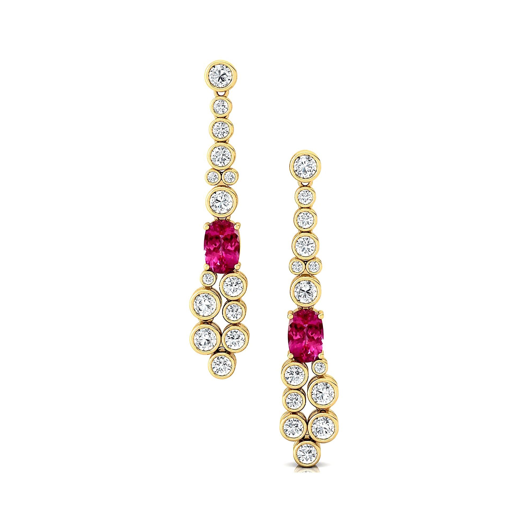 Elongated Cushion Pink Sapphire Bezel Set Diamond Drop Earrings - GeumJewels