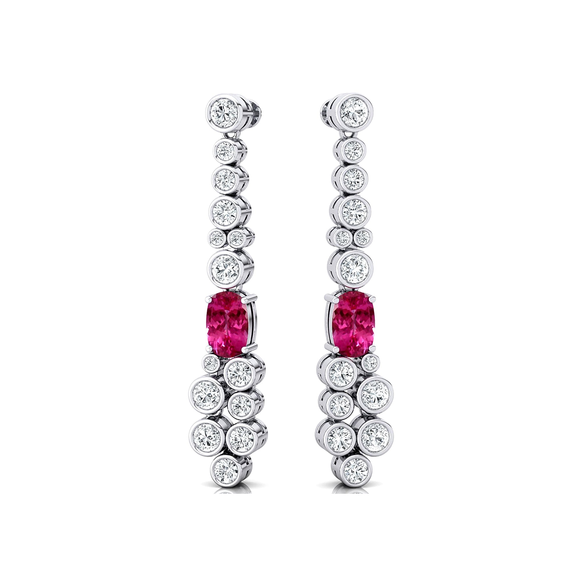 Elongated Cushion Pink Sapphire Bezel Set Diamond Drop Earrings - GeumJewels