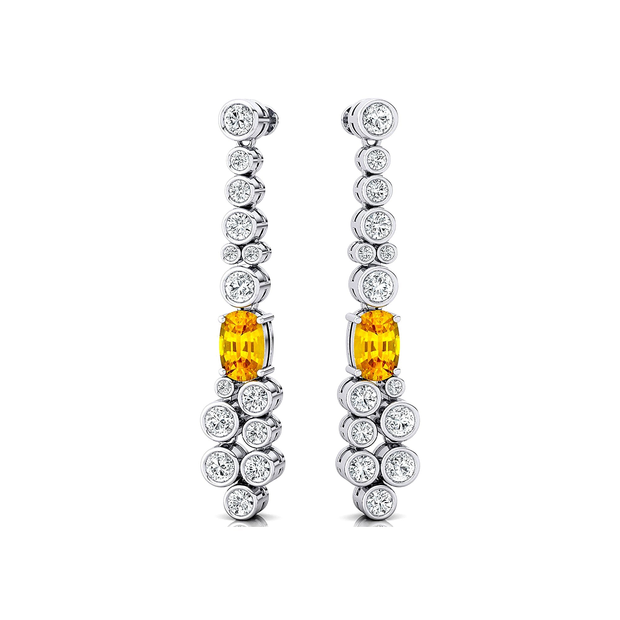 Elongated Cushion Yellow Sapphire Bezel Set Diamond Drop Earrings - GeumJewels