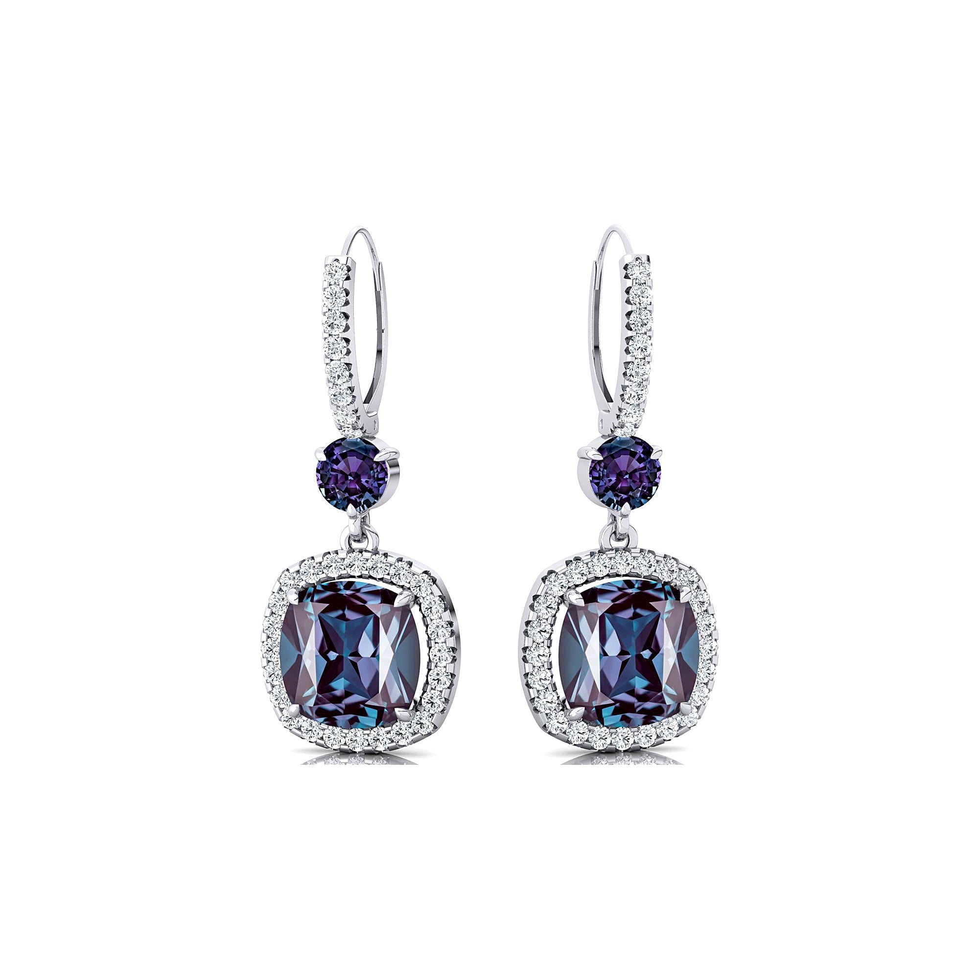 Halo Diamond Cushion Cut Alexandrite Dangle Earrings - GeumJewels