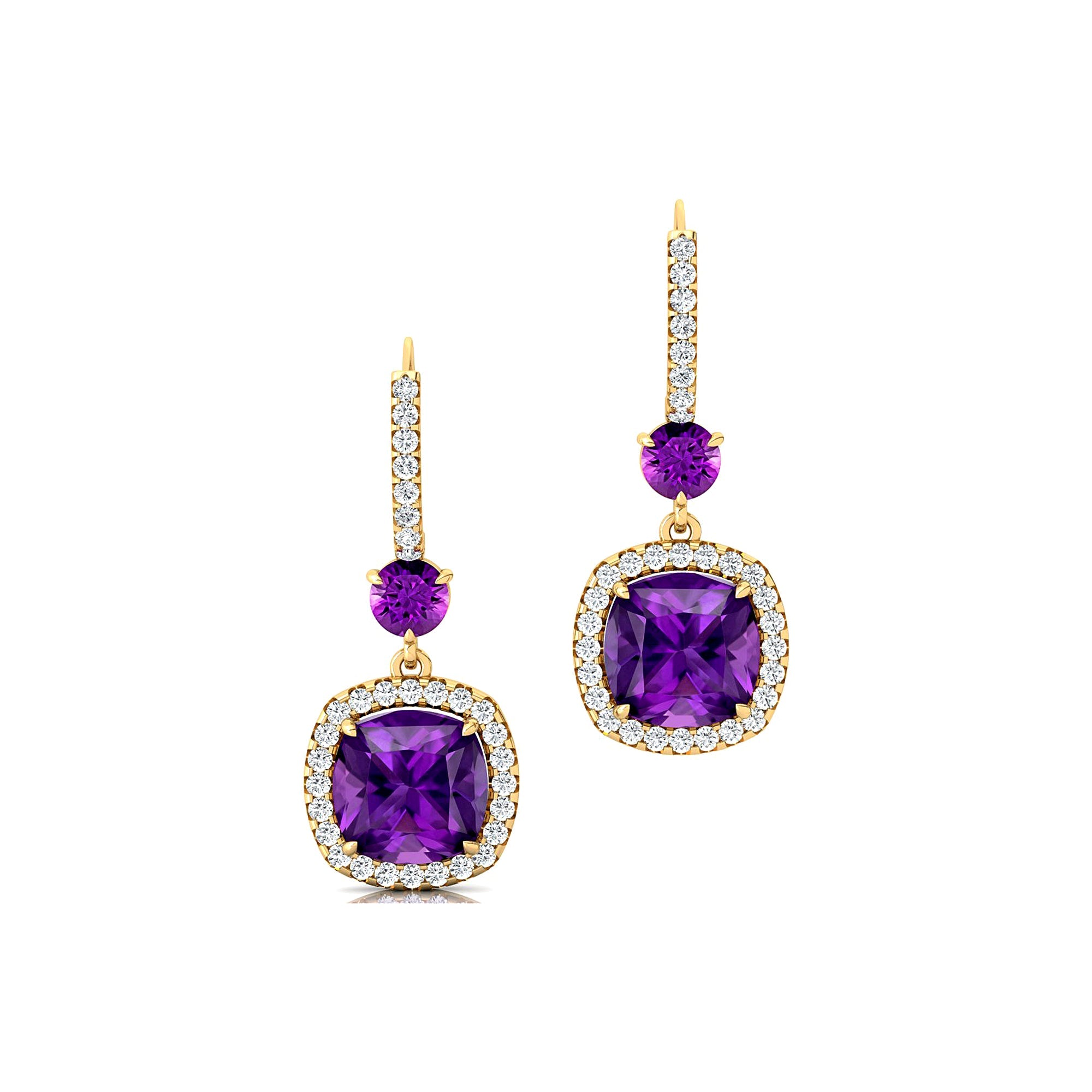 Halo Diamond Cushion Cut Amethyst Dangle Earrings - GeumJewels