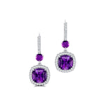 Halo Diamond Cushion Cut Amethyst Dangle Earrings - GeumJewels