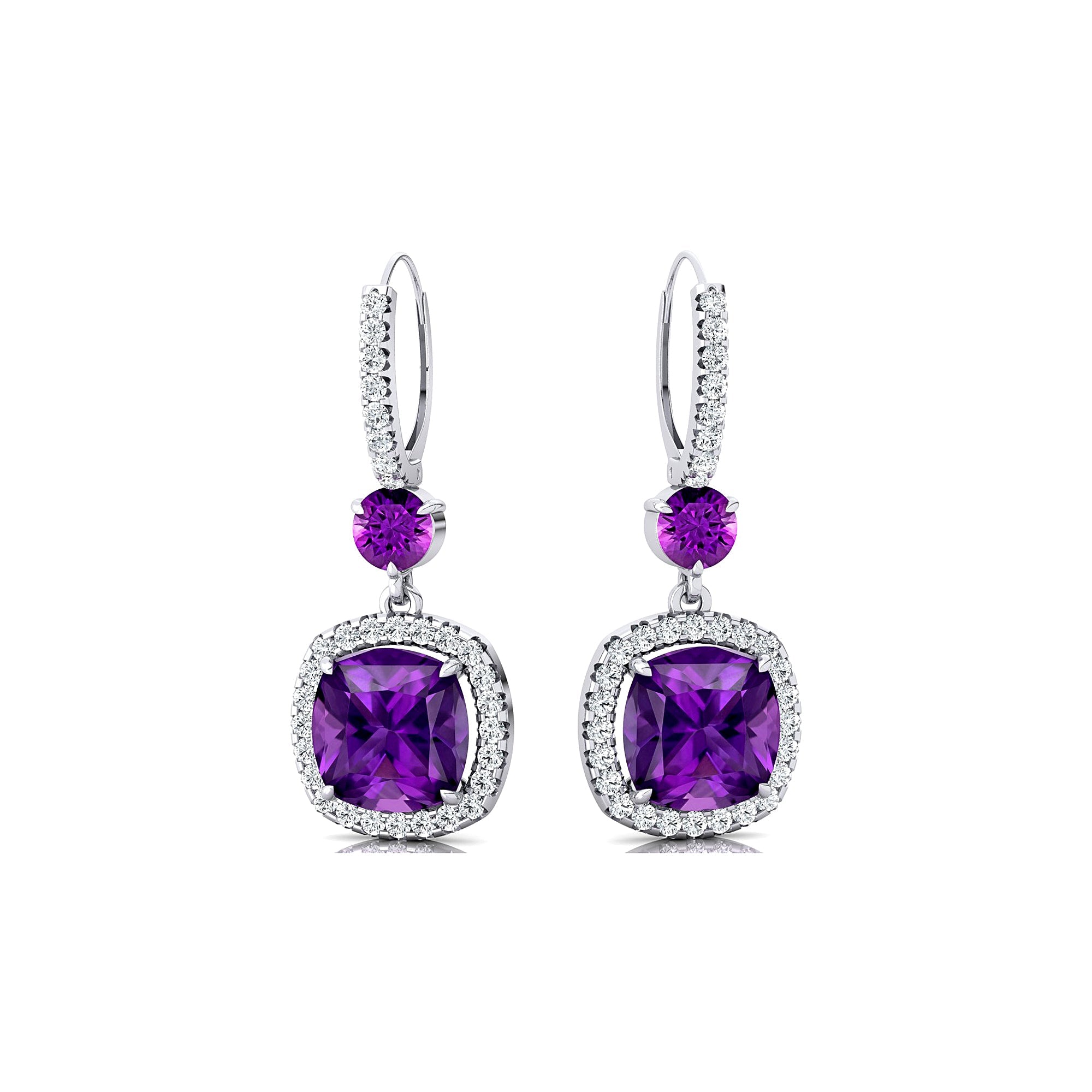 Halo Diamond Cushion Cut Amethyst Dangle Earrings - GeumJewels