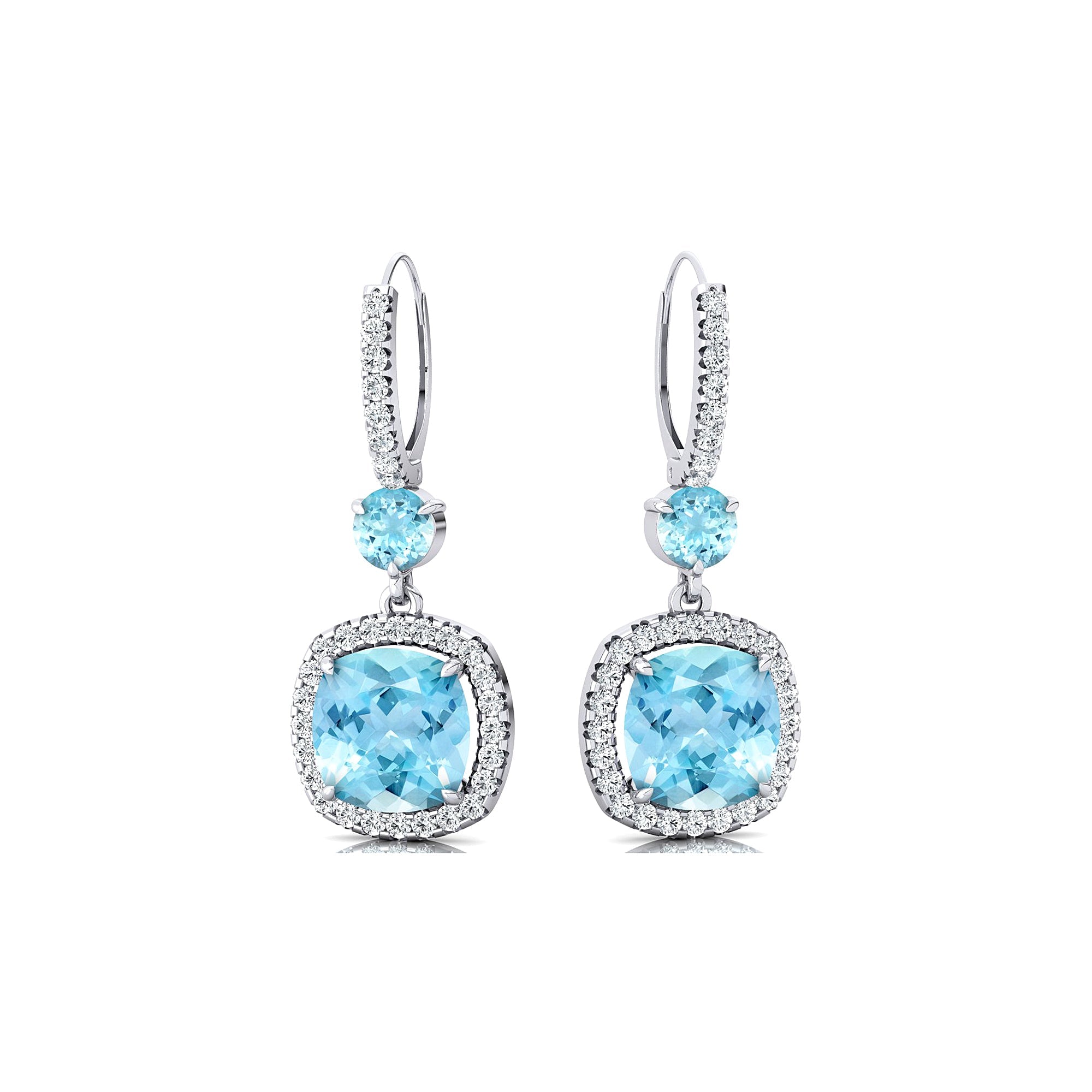 Halo Diamond Cushion Cut Aquamarine Dangle Earrings - GeumJewels