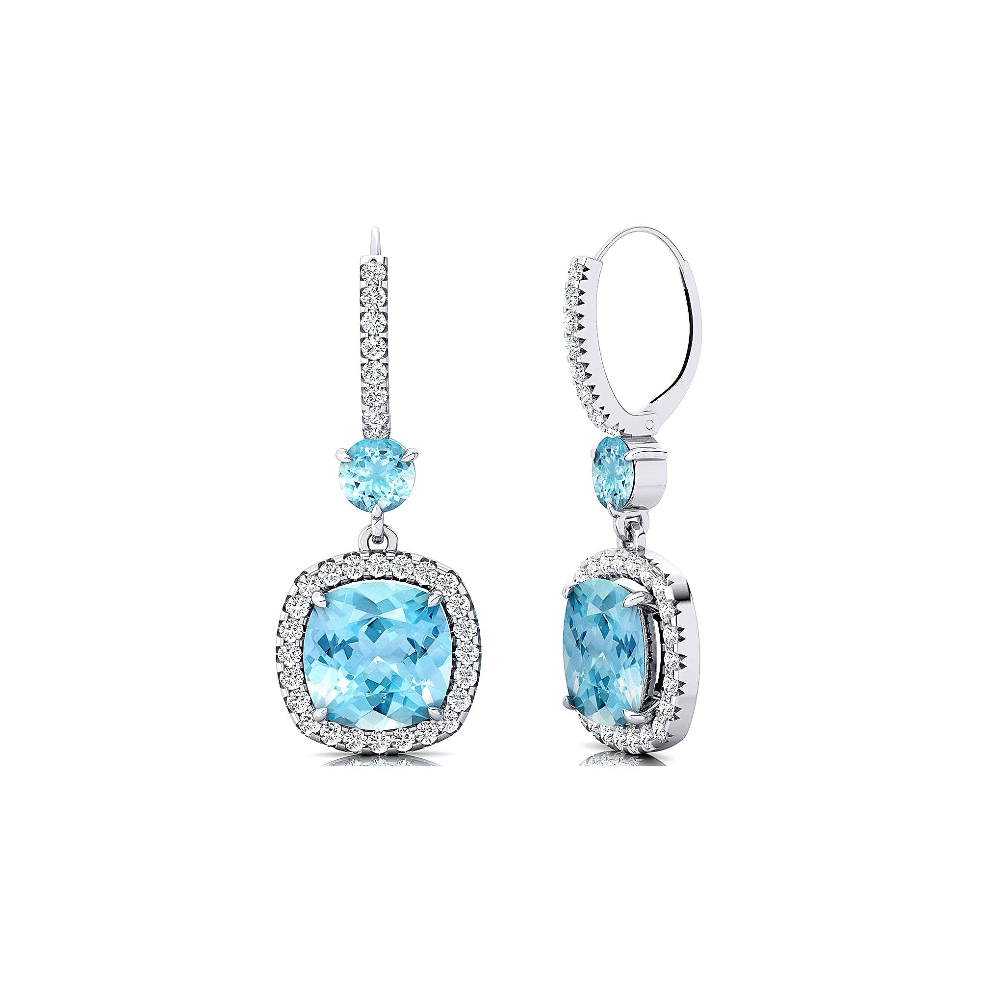 Halo Diamond Cushion Cut Aquamarine Dangle Earrings - GeumJewels