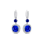 Halo Diamond Cushion Cut Blue Sapphire Dangle Earrings - GeumJewels