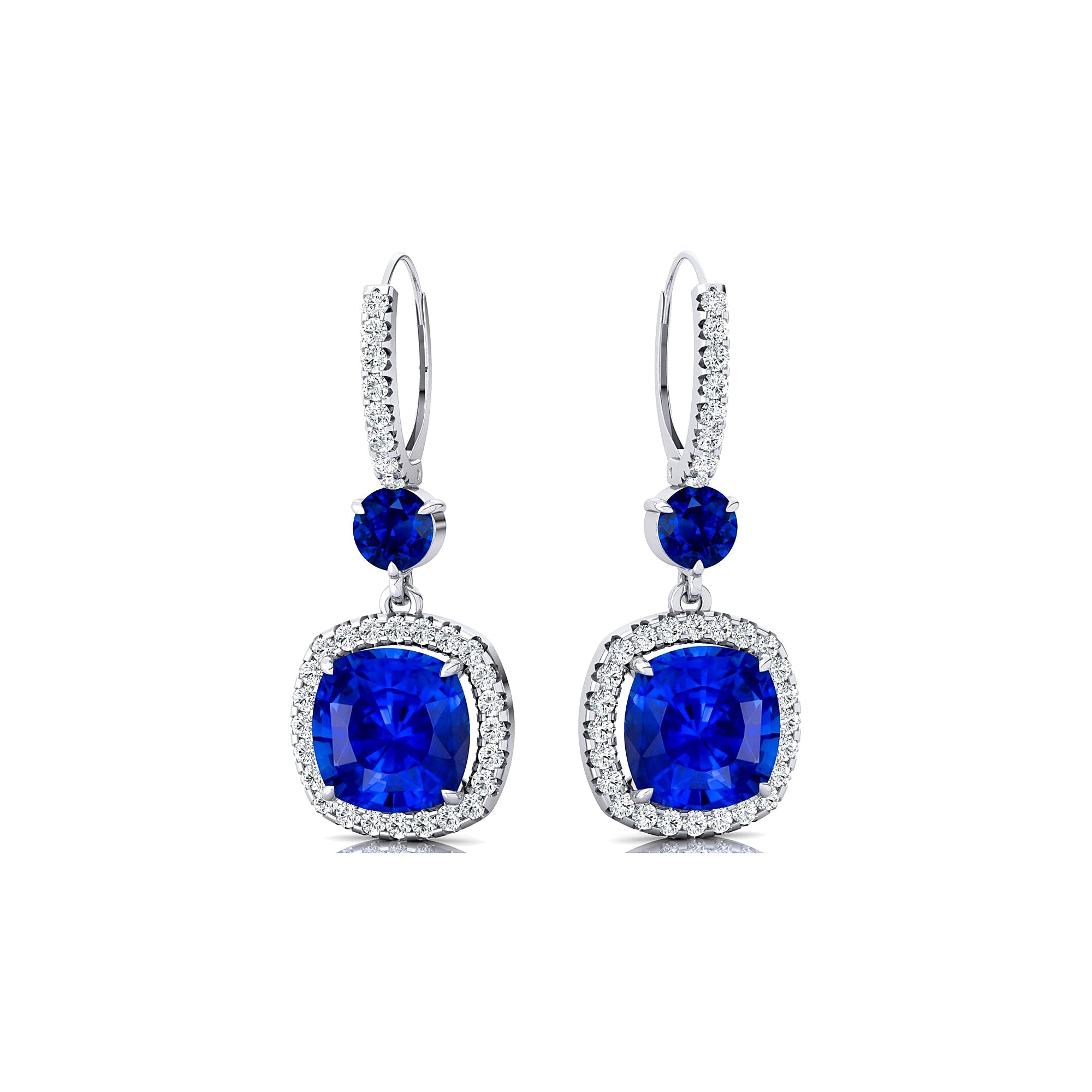 Halo Diamond Cushion Cut Blue Sapphire Dangle Earrings - GeumJewels
