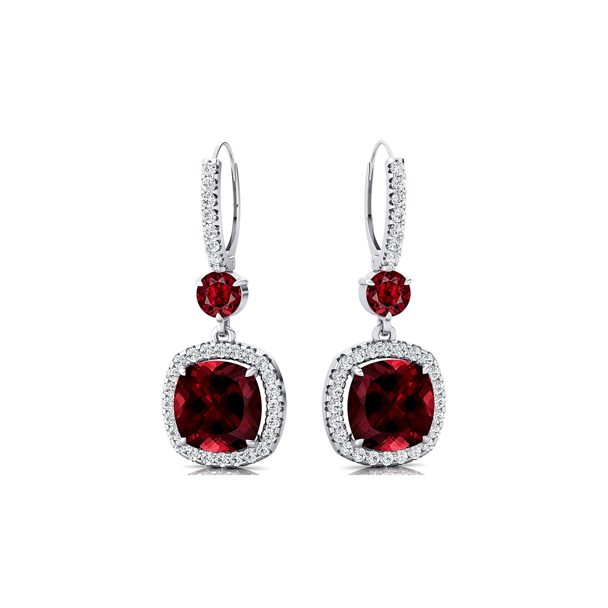 Halo Diamond Cushion Cut Garnet Dangle Earrings - GeumJewels