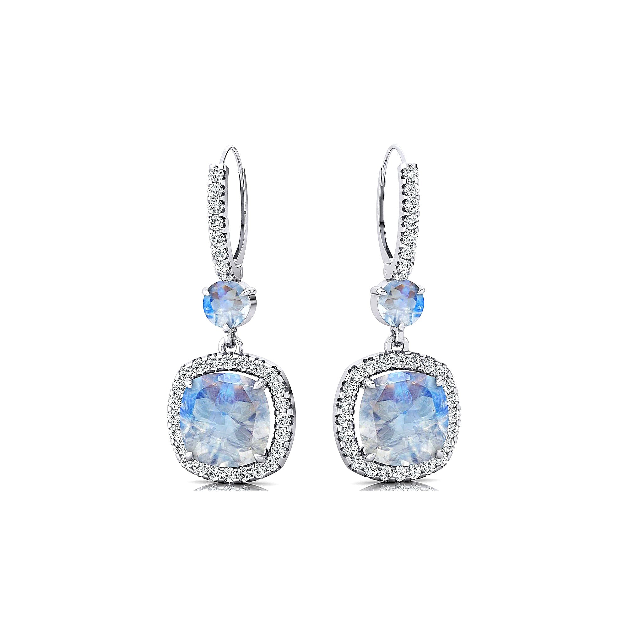 Halo Diamond Cushion Cut Moonstone Dangle Earrings - GeumJewels
