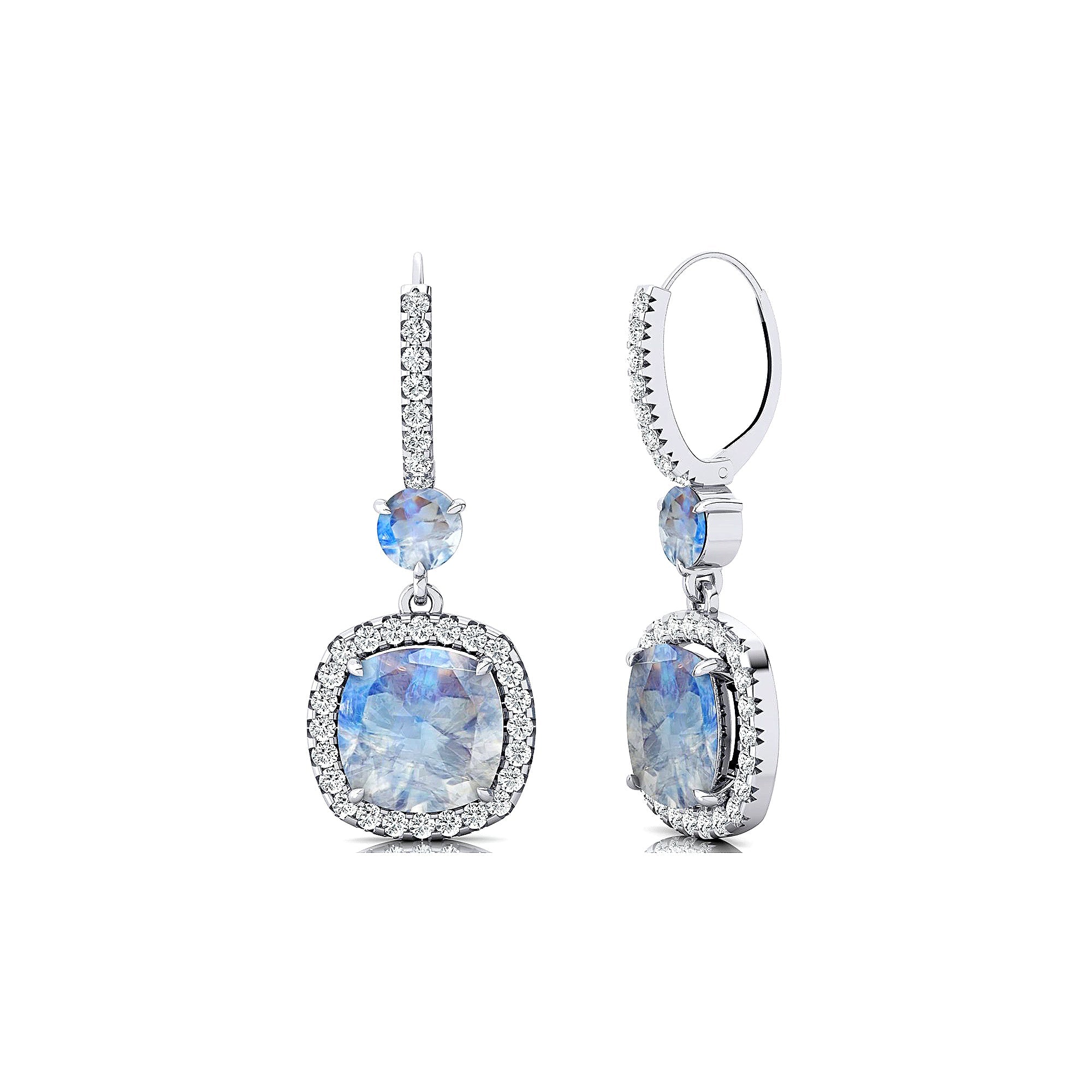 Halo Diamond Cushion Cut Moonstone Dangle Earrings - GeumJewels