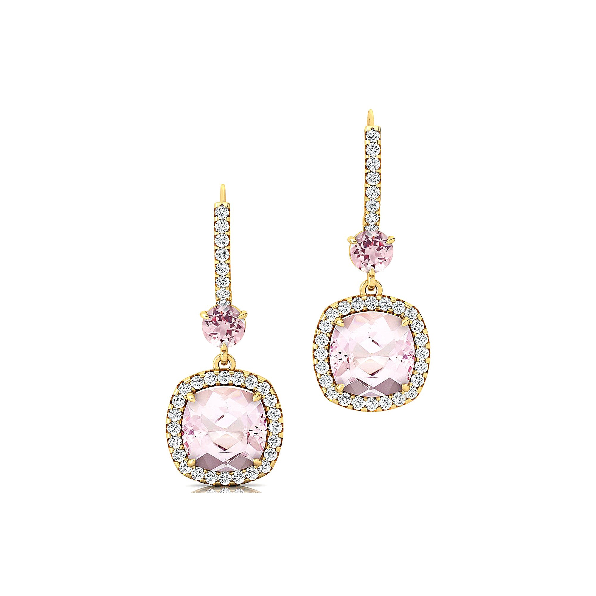Halo Diamond Cushion Cut Morganite Dangle Earrings - GeumJewels
