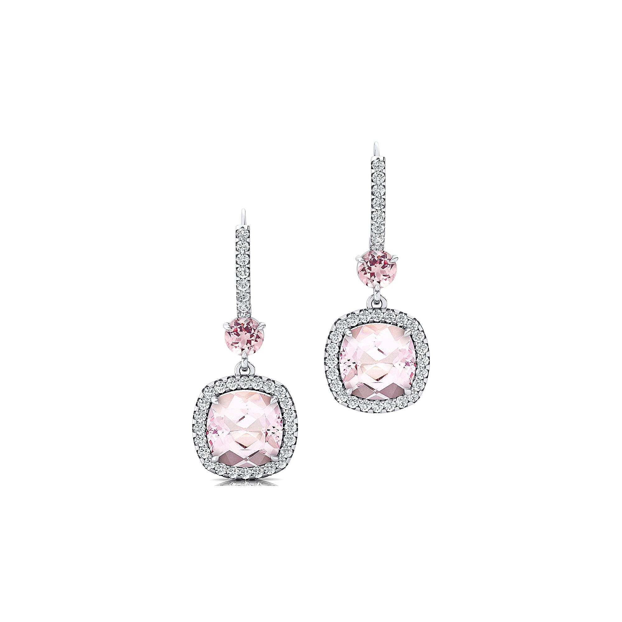 Halo Diamond Cushion Cut Morganite Dangle Earrings - GeumJewels