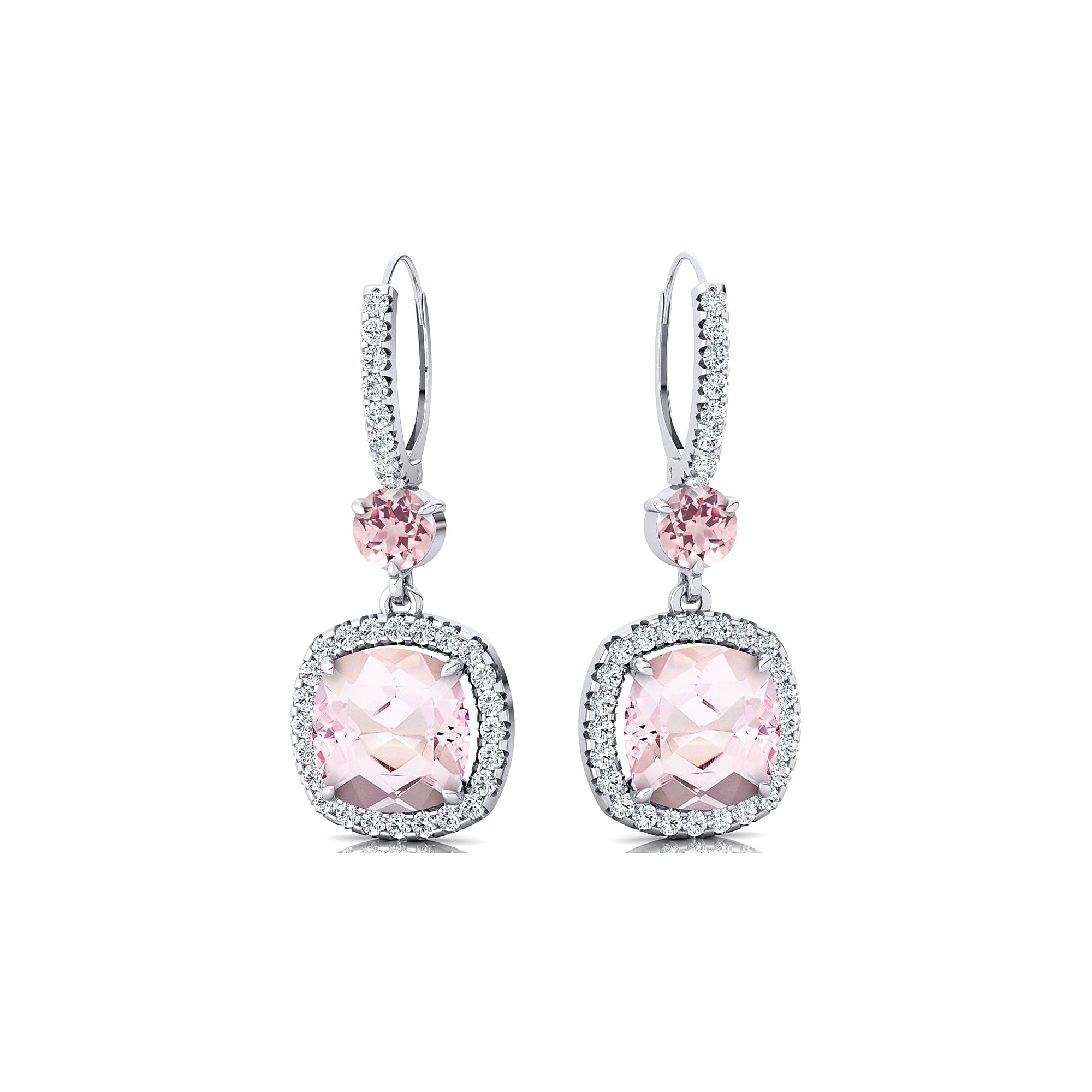 Halo Diamond Cushion Cut Morganite Dangle Earrings - GeumJewels