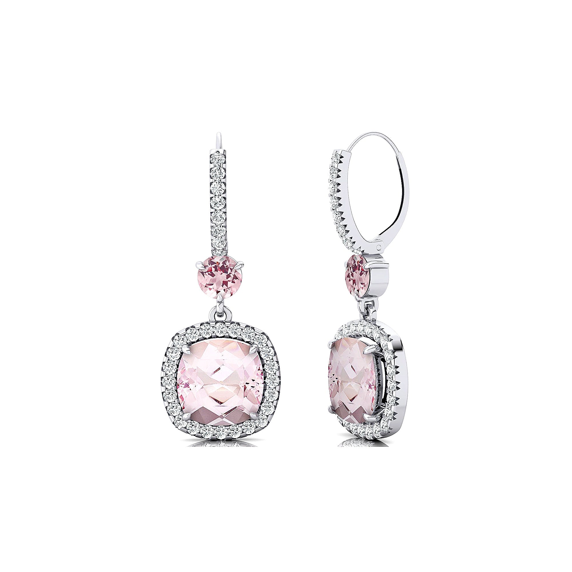 Halo Diamond Cushion Cut Morganite Dangle Earrings - GeumJewels