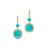 Halo Diamond Cushion Cut Paraiba Tourmaline Dangle Earrings - GeumJewels