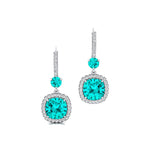 Halo Diamond Cushion Cut Paraiba Tourmaline Dangle Earrings - GeumJewels