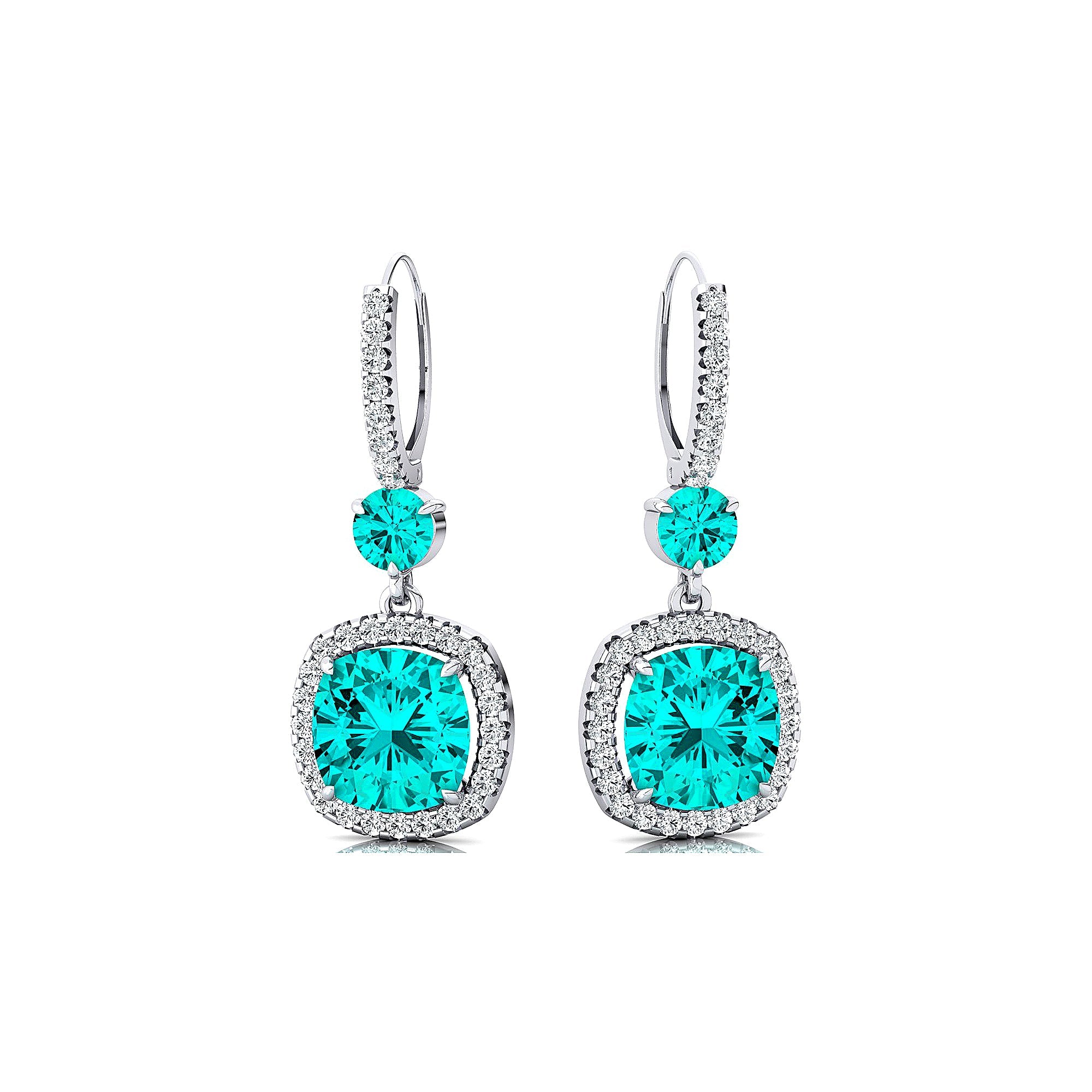 Halo Diamond Cushion Cut Paraiba Tourmaline Dangle Earrings - GeumJewels