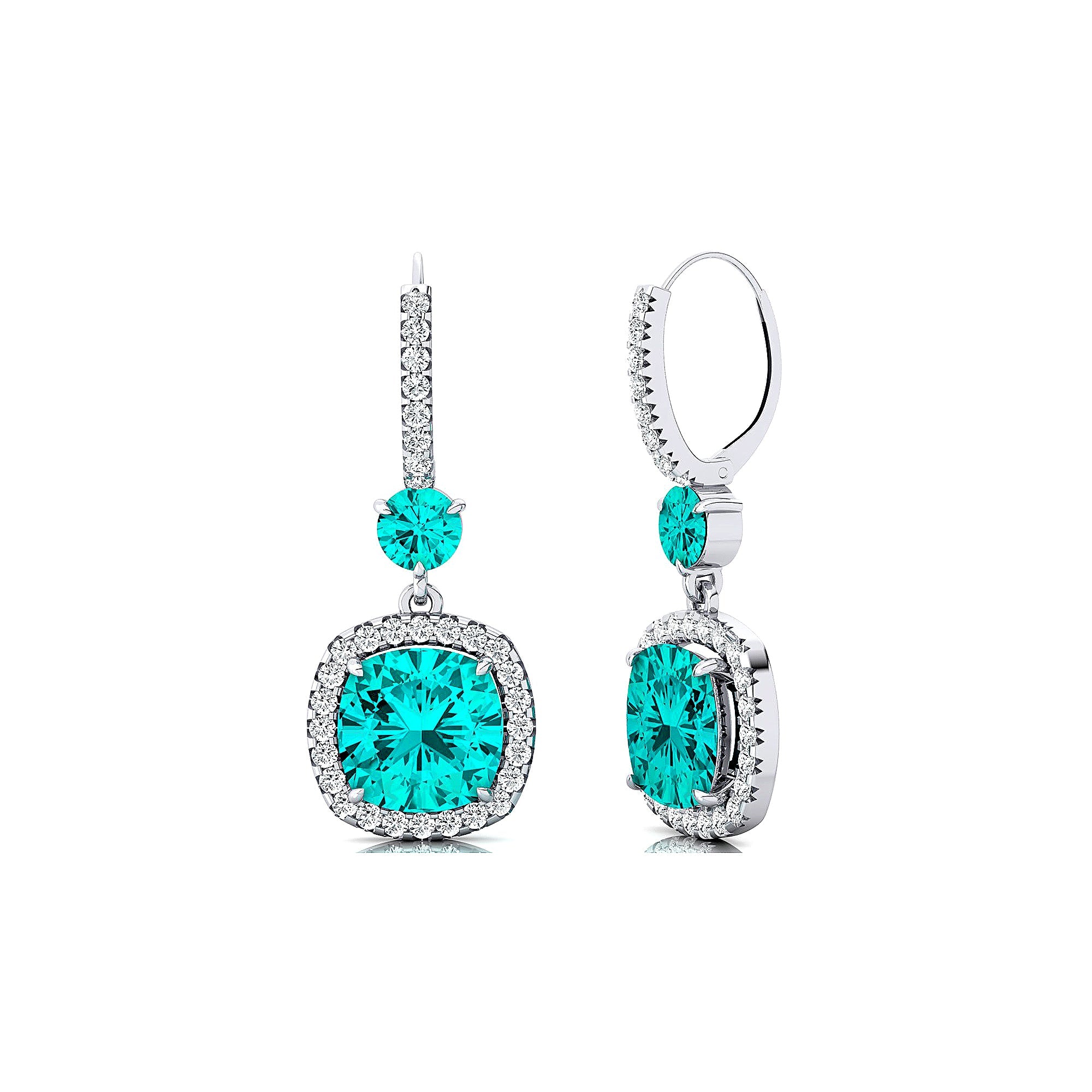Halo Diamond Cushion Cut Paraiba Tourmaline Dangle Earrings - GeumJewels