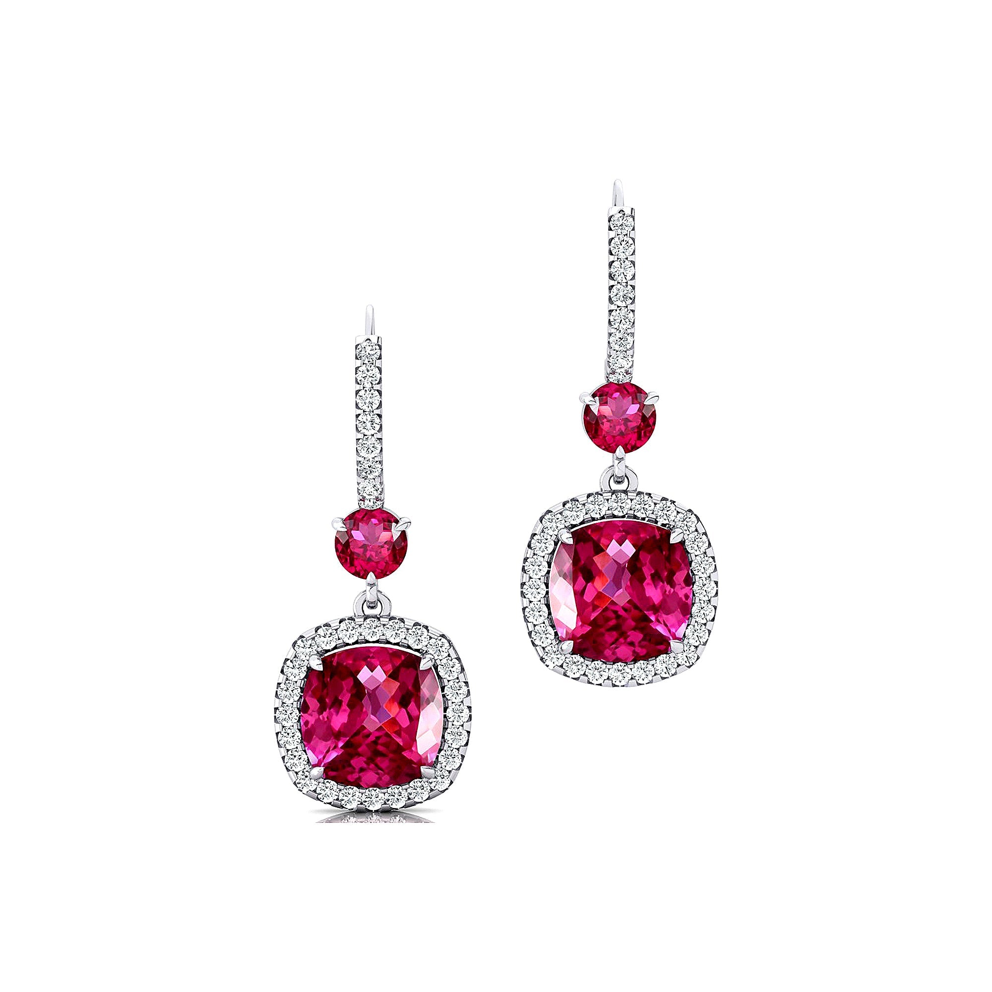 Halo Diamond Cushion Cut Pink Sapphire Dangle Earrings - GeumJewels